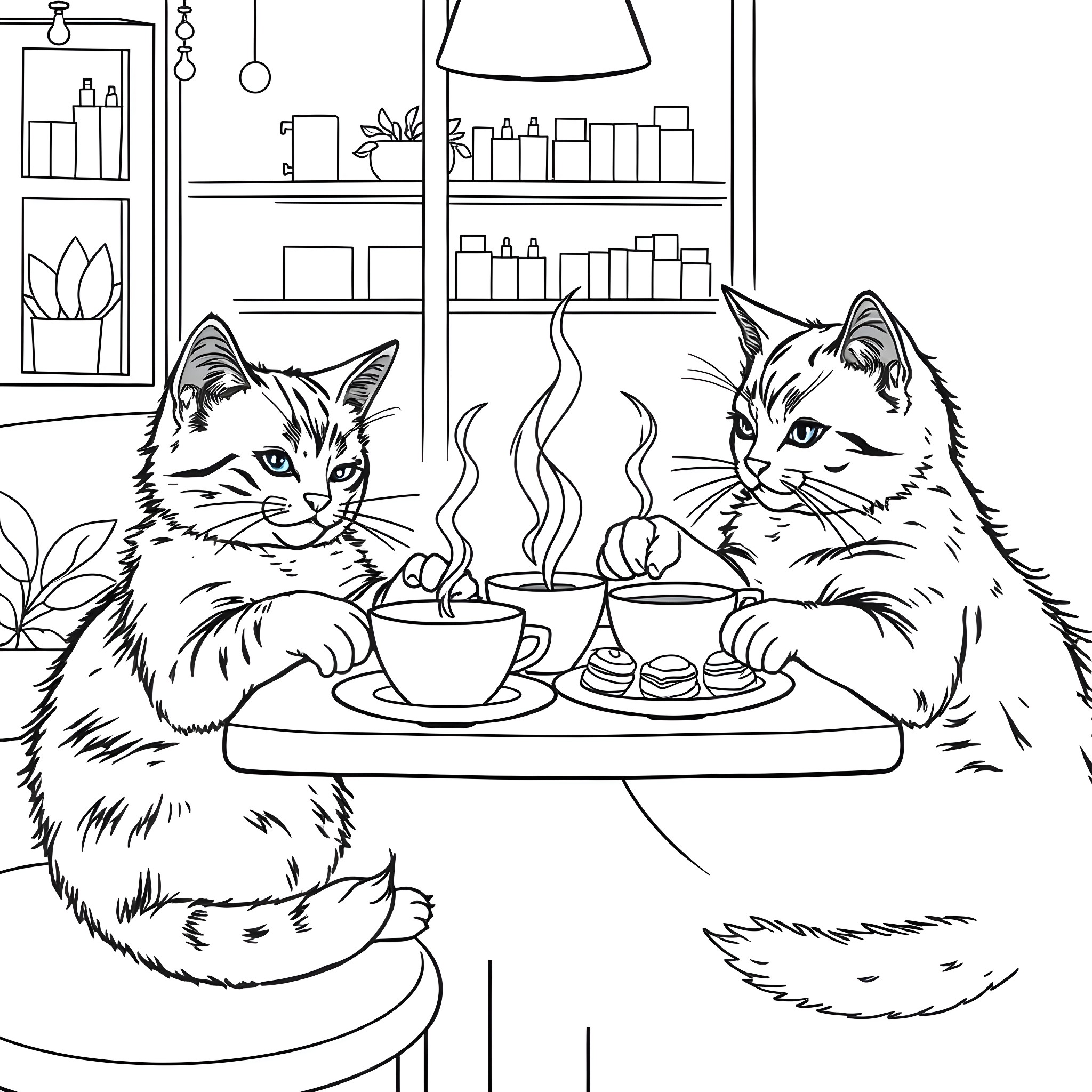 Cats enjoying tea time in cozy kitchen Coloring Page (free black-and-white line drawing printable PDF for all, from beginners to advanced learners, including children, teens, adults, and seniors)