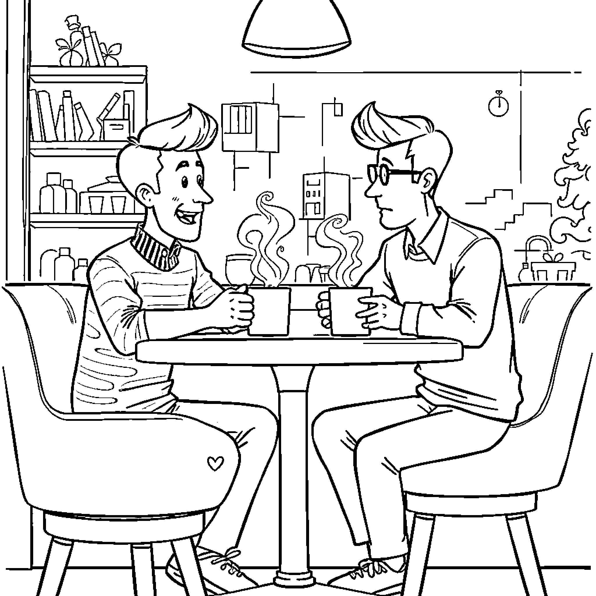 Barni Stinson enjoying coffee with a friend Coloring Page (free black-and-white line drawing printable PDF for all, from beginners to advanced learners, including children, teens, adults, and seniors)