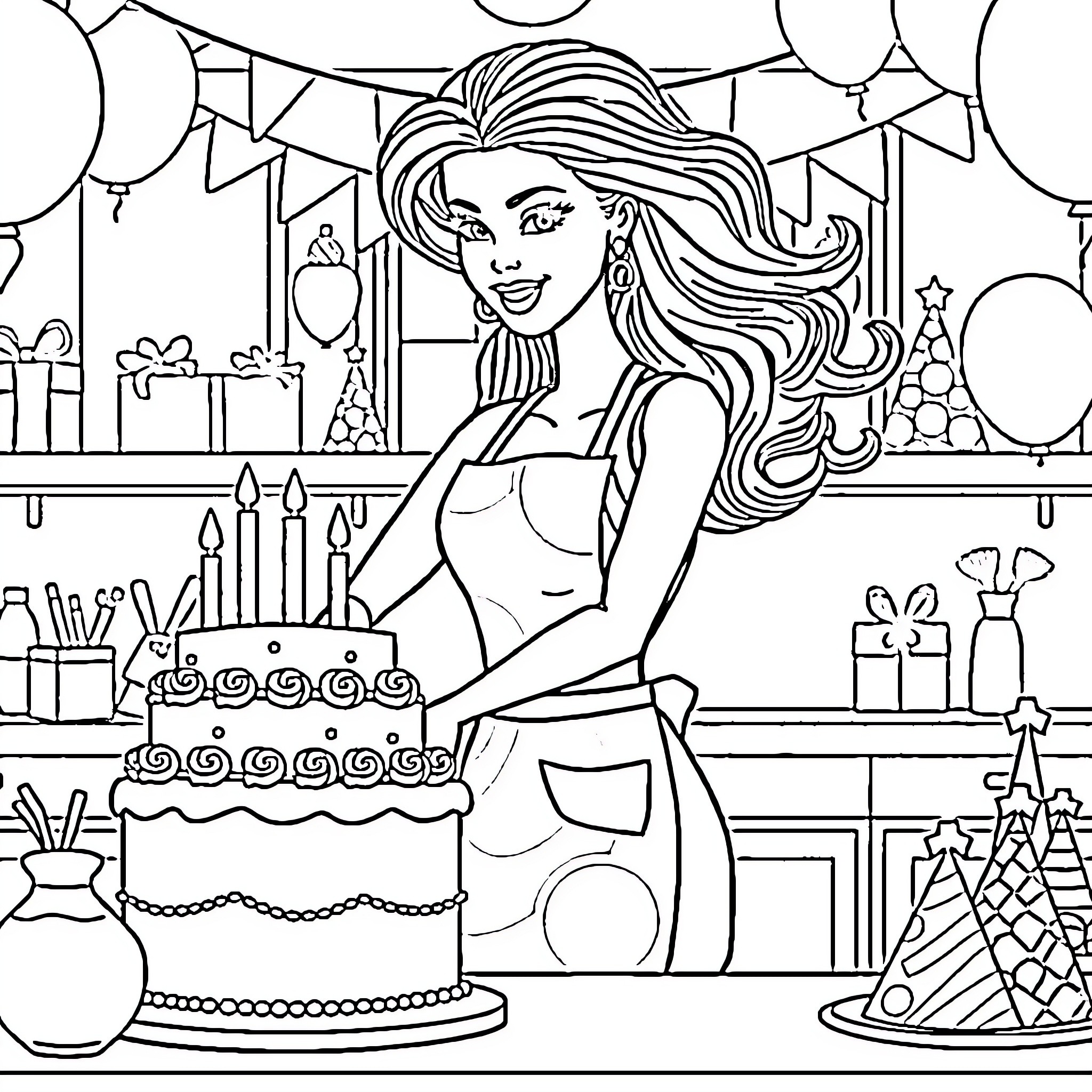 Barbie Celebrating at a Birthday Party Coloring Page (free black-and-white line drawing printable PDF for all, from beginners to advanced learners, including children, teens, adults, and seniors)