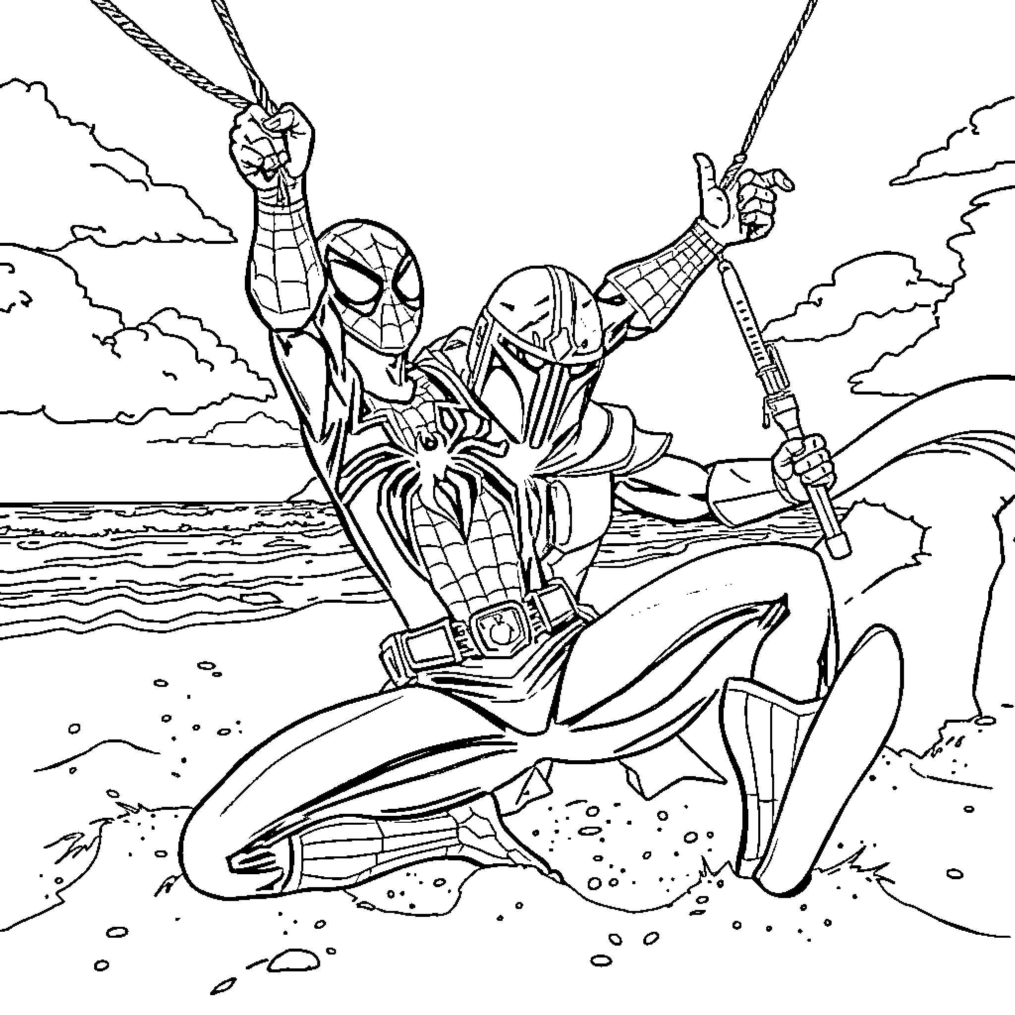 Spiderman heroically swinging above the ocean Coloring Page (free black-and-white line drawing printable PDF for all, from beginners to advanced learners, including children, teens, adults, and seniors)