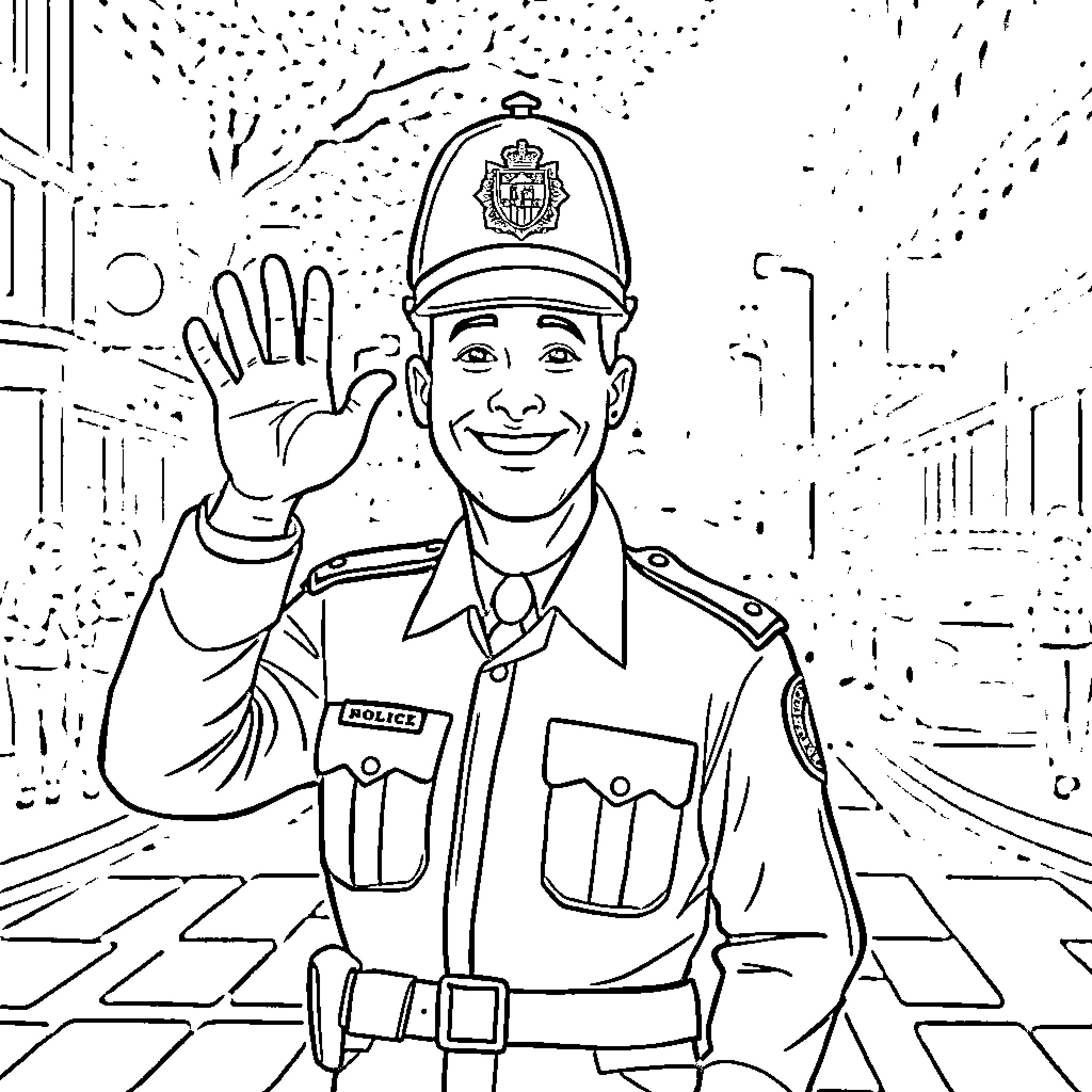 Police Officer Waving and Smiling on Patrol Coloring Page (free black-and-white line drawing printable PDF for all, from beginners to advanced learners, including children, teens, adults, and seniors)
