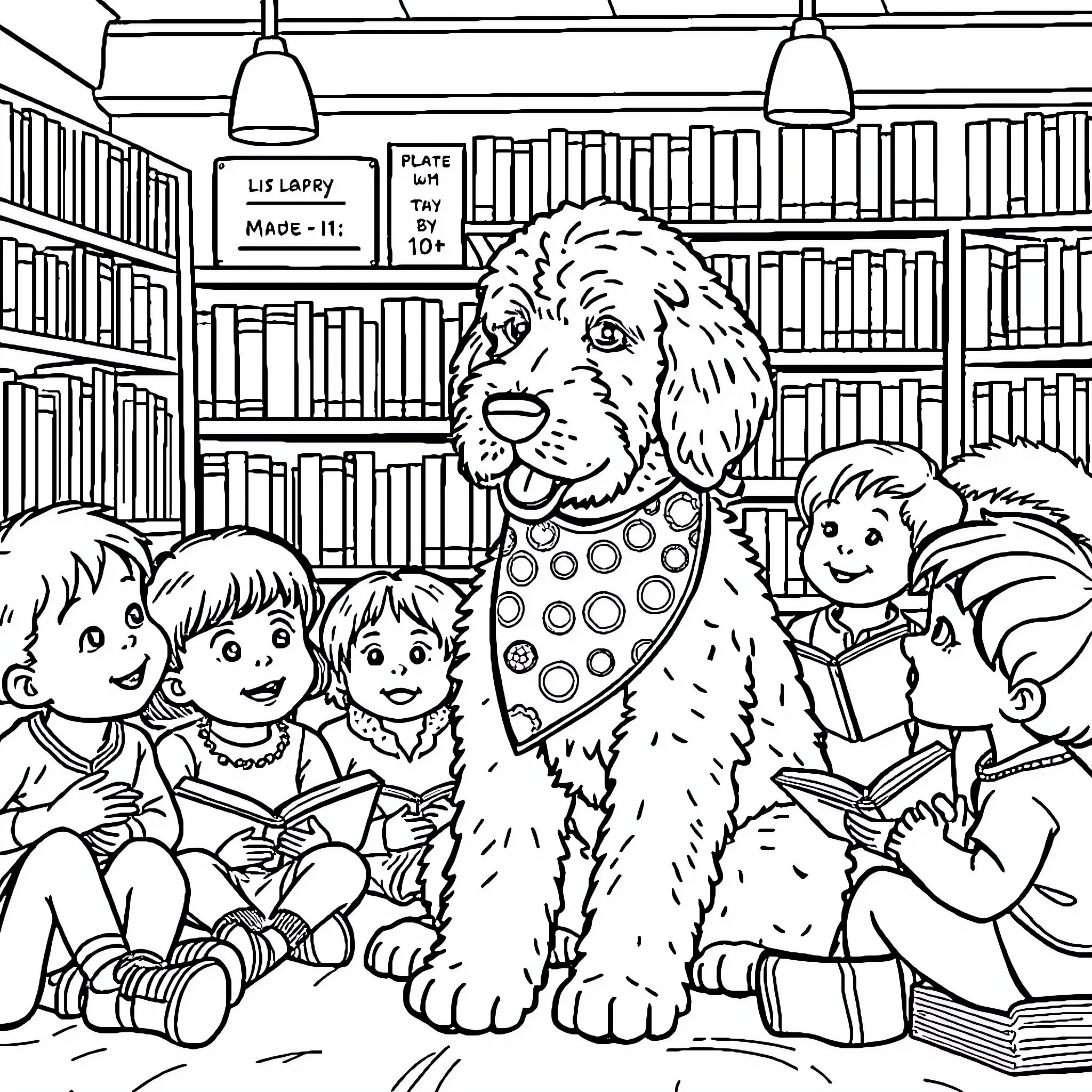 Goldendoodle reading with children in library Coloring Page (free black-and-white line drawing printable PDF for all, from beginners to advanced learners, including children, teens, adults, and seniors)