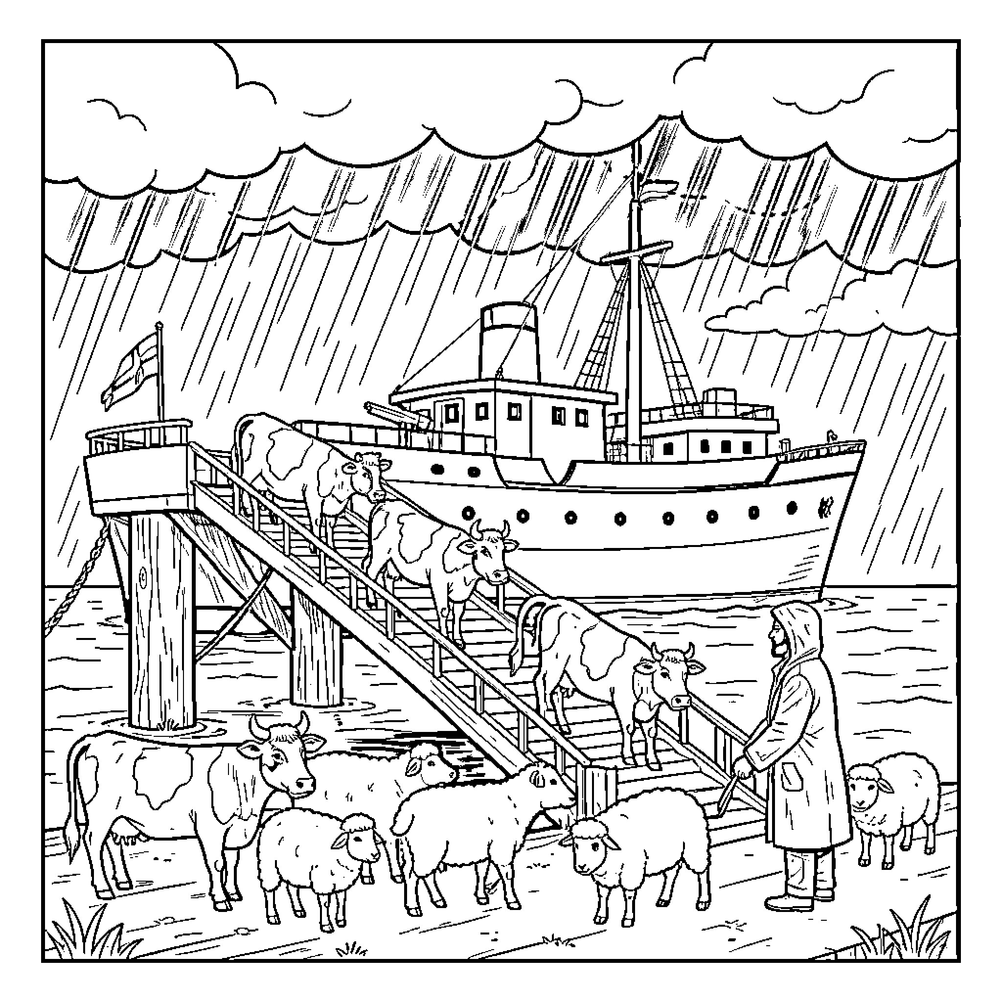 Ship loading livestock in stormy weather Coloring Page (free black-and-white line drawing printable PDF for all, from beginners to advanced learners, including children, teens, adults, and seniors)