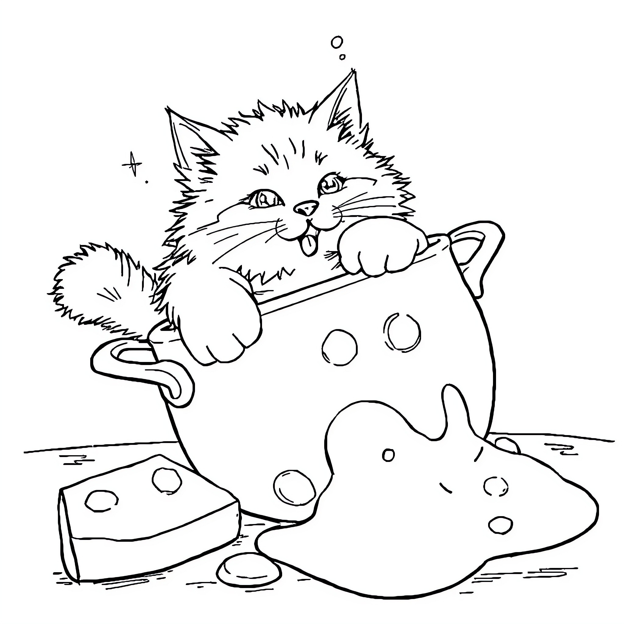 Cat playing with bubbles Coloring Page (free black-and-white line drawing printable PDF for all, from beginners to advanced learners, including children, teens, adults, and seniors)