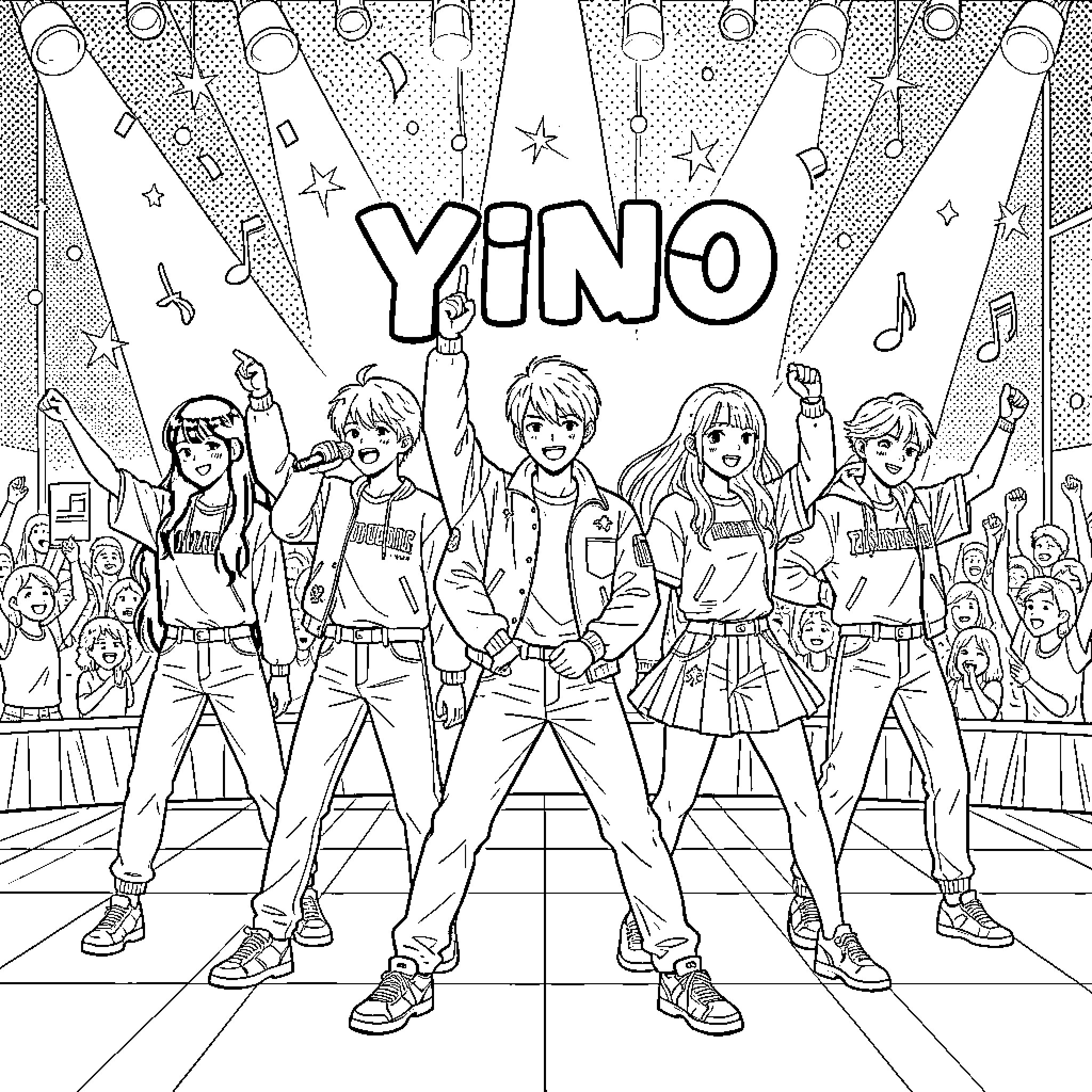 Kpop Group Performing on Stage with Energetic Expressions Coloring Page (free black-and-white line drawing printable PDF for all, from beginners to advanced learners, including children, teens, adults, and seniors)