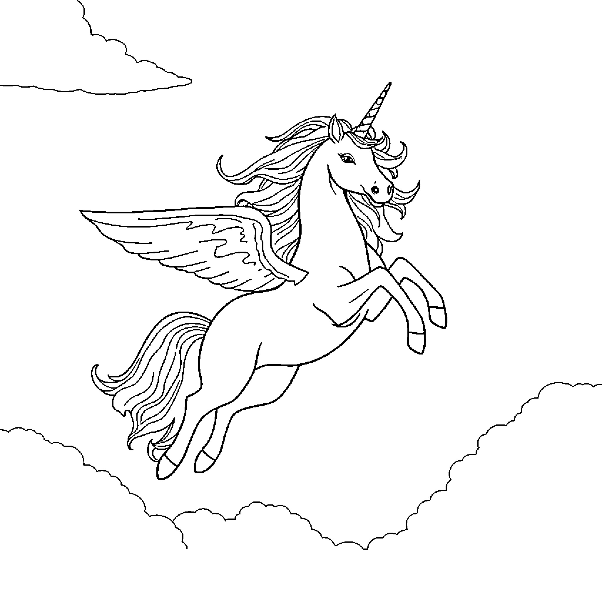 Unicorn soaring through the clouds Coloring Page (free black-and-white line drawing printable PDF for all, from beginners to advanced learners, including children, teens, adults, and seniors)