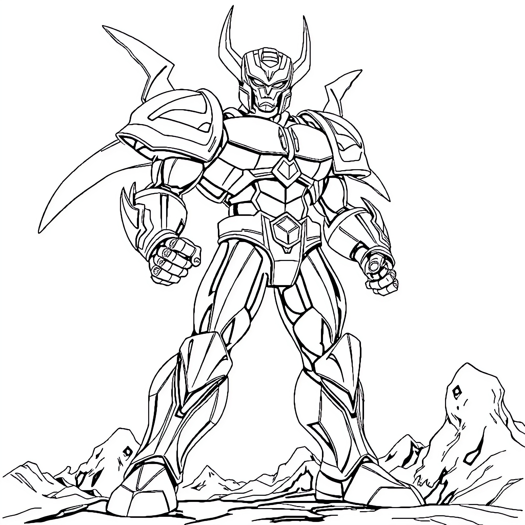 Guyver: Formidable Armored Hero in Action Coloring Page (free black-and-white line drawing printable PDF for all, from beginners to advanced learners, including children, teens, adults, and seniors)