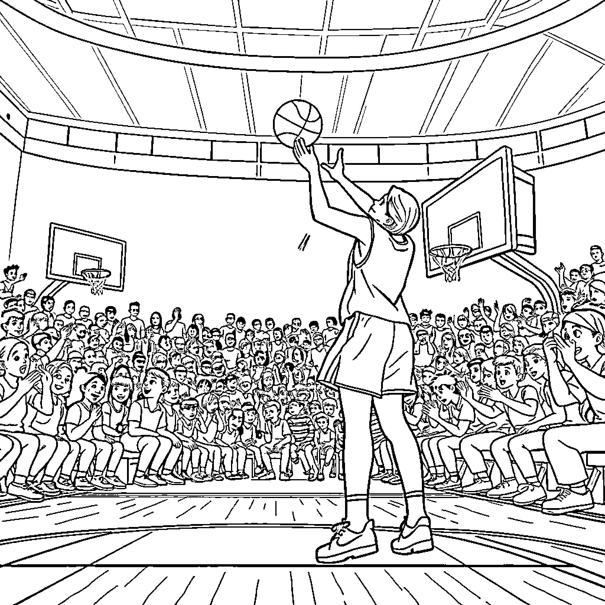 Girl playing basketball in a crowded indoor court Coloring Page (free black-and-white line drawing printable PDF for all, from beginners to advanced learners, including children, teens, adults, and seniors)
