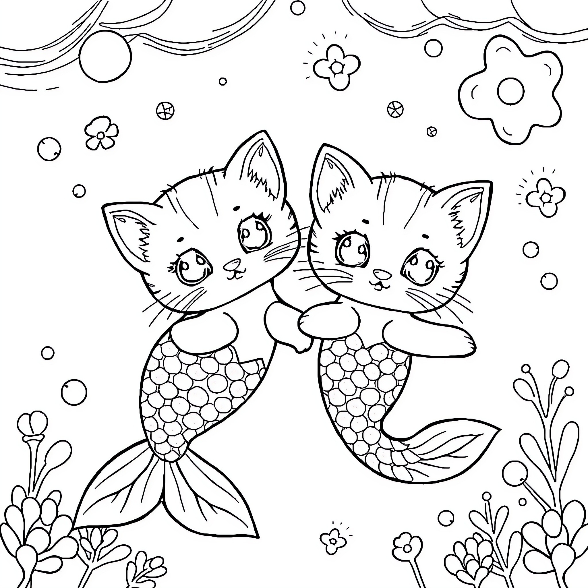Mermaid Kitty playing in the underwater garden Coloring Page (free black-and-white line drawing printable PDF for all, from beginners to advanced learners, including children, teens, adults, and seniors)