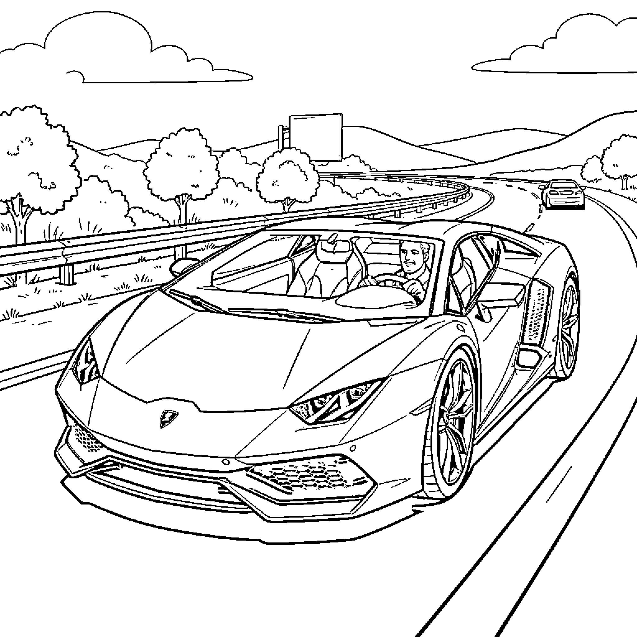 Man driving sports car on winding mountain road Coloring Page (free black-and-white line drawing printable PDF for all, from beginners to advanced learners, including children, teens, adults, and seniors)