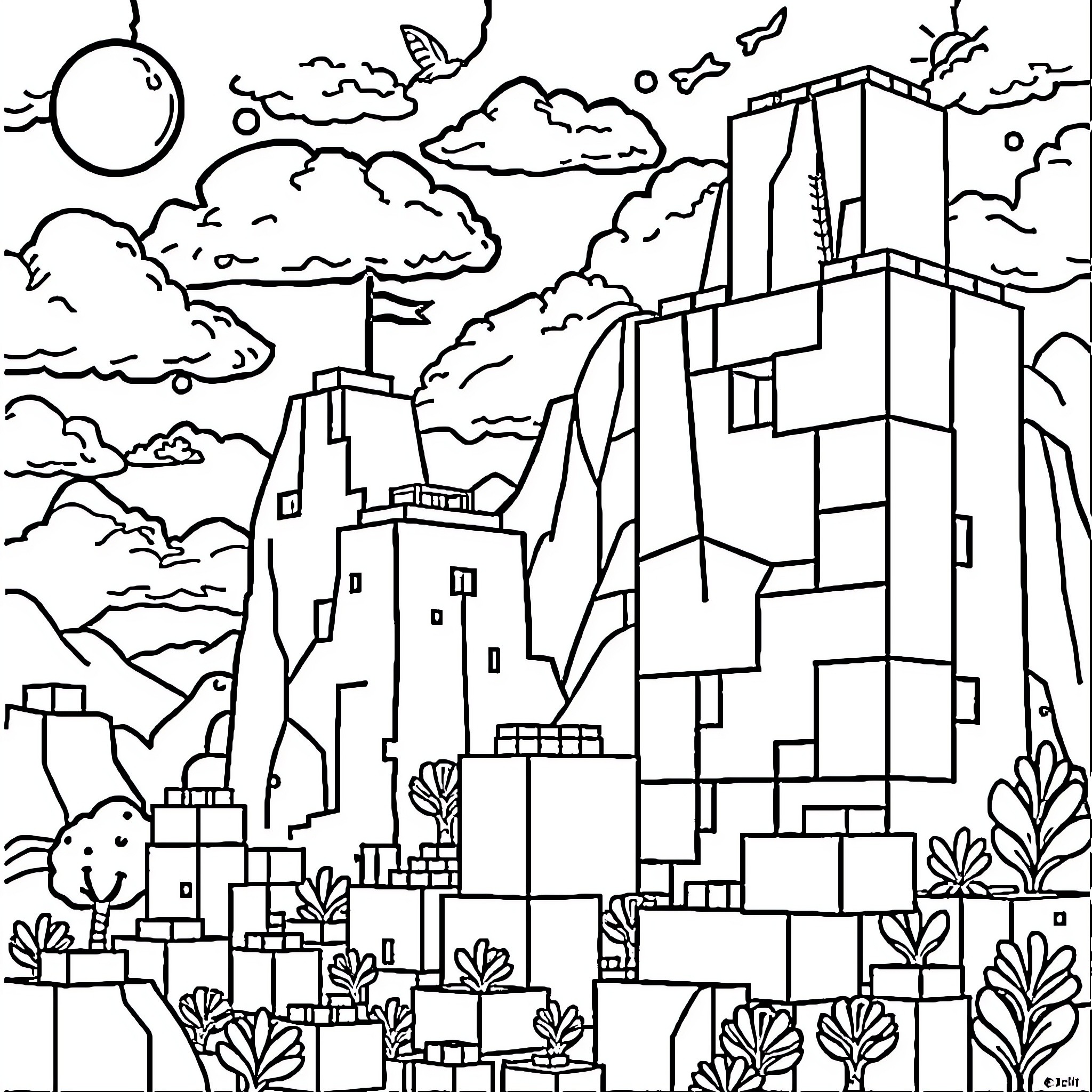 Minecraft Landscape with Towering Buildings and Cloudy Sky Coloring Page (free black-and-white line drawing printable PDF for all, from beginners to advanced learners, including children, teens, adults, and seniors)