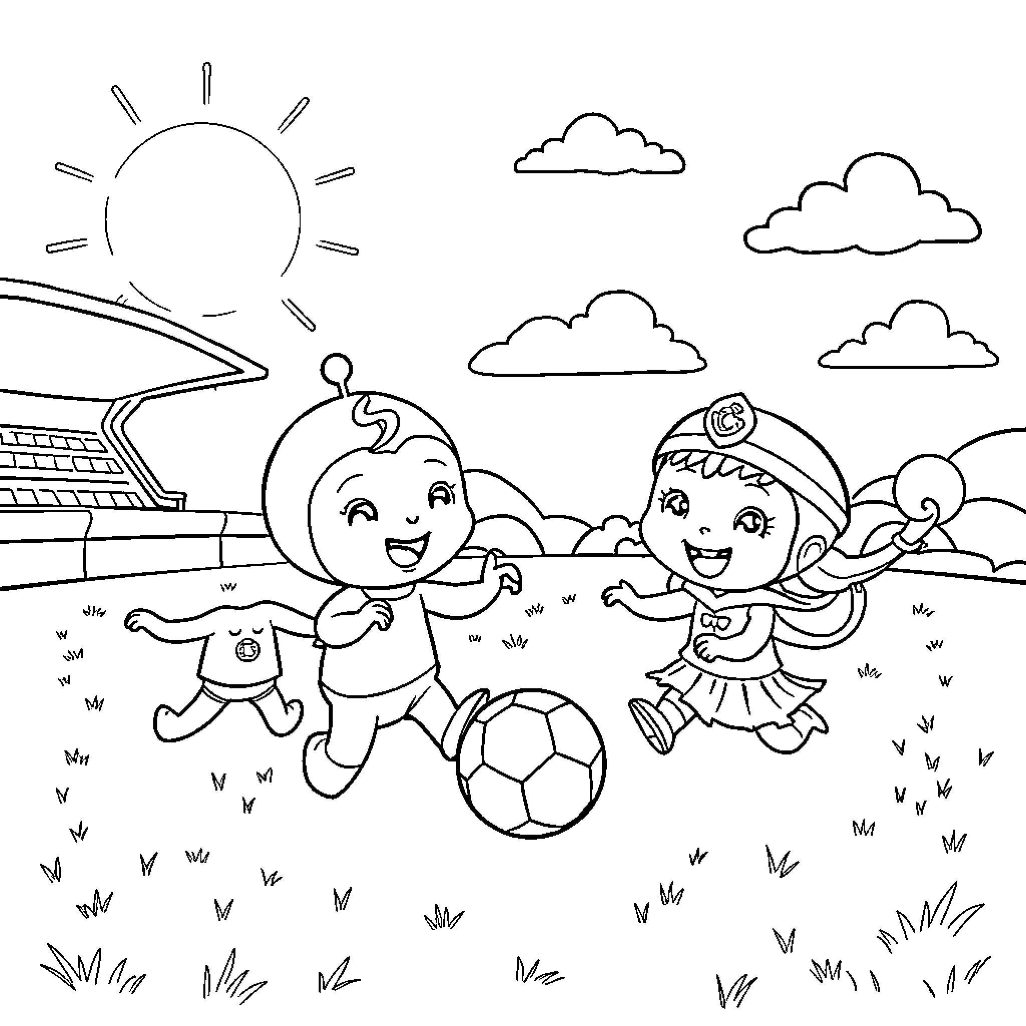 Octonauts playing soccer on a sunny day Coloring Page (free black-and-white line drawing printable PDF for all, from beginners to advanced learners, including children, teens, adults, and seniors)