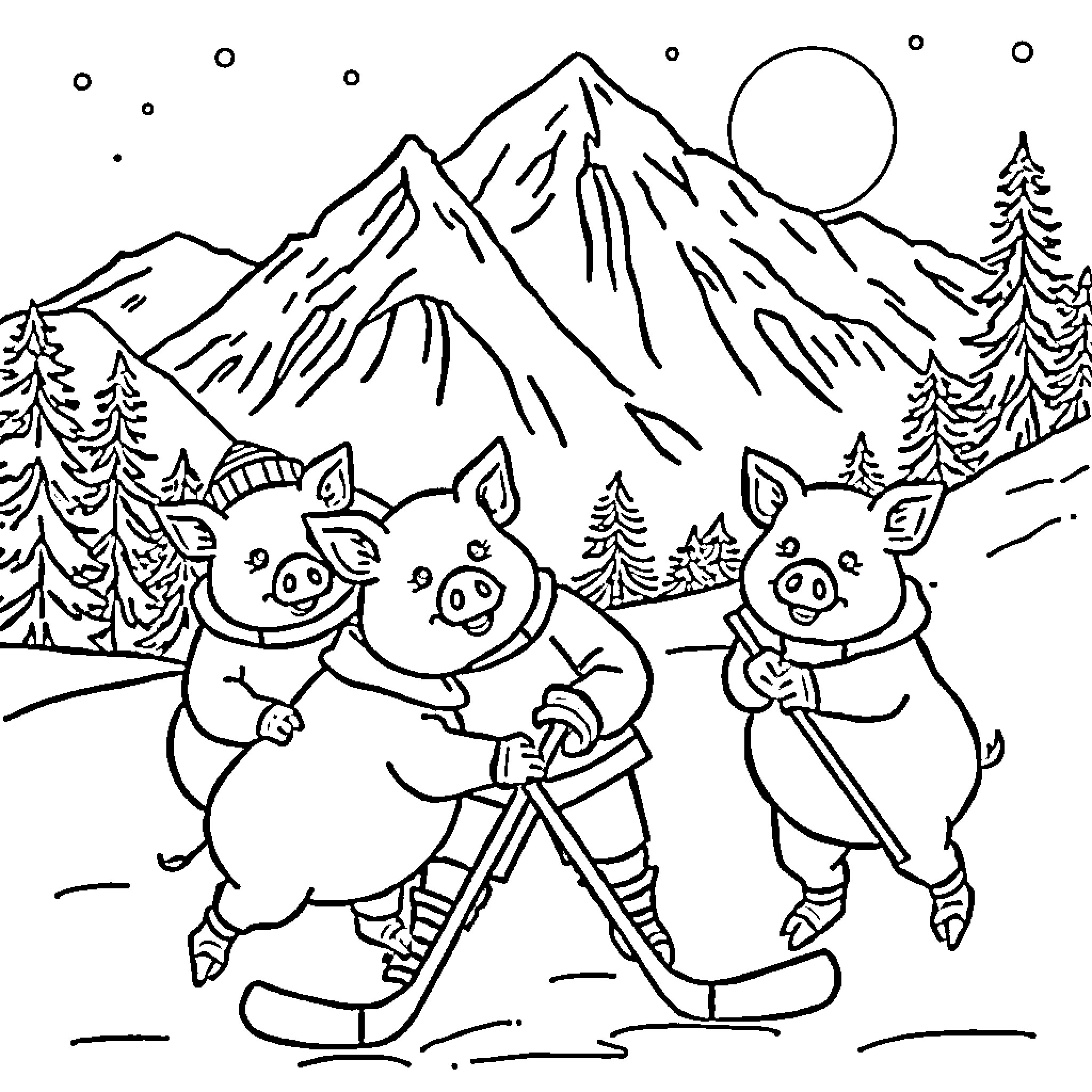Pigs Skating Cheerfully in the Snowy Mountains Coloring Page (free black-and-white line drawing printable PDF for all, from beginners to advanced learners, including children, teens, adults, and seniors)