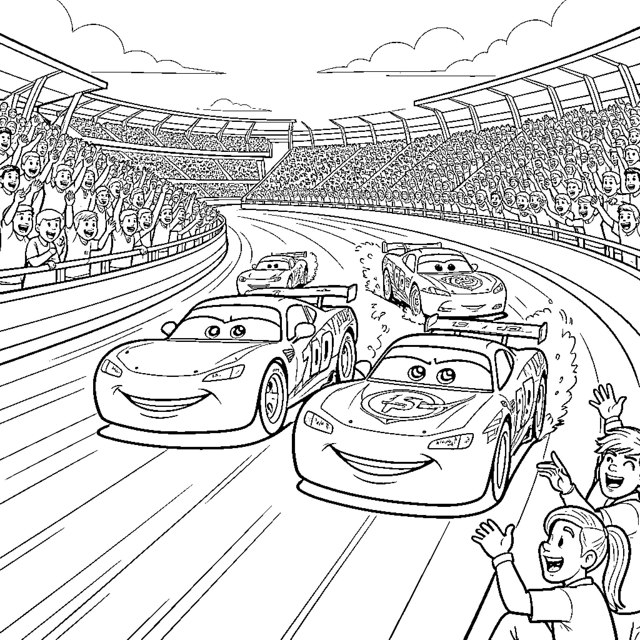 Flash McQueen racing fast on a crowded track Coloring Page (free black-and-white line drawing printable PDF for all, from beginners to advanced learners, including children, teens, adults, and seniors)