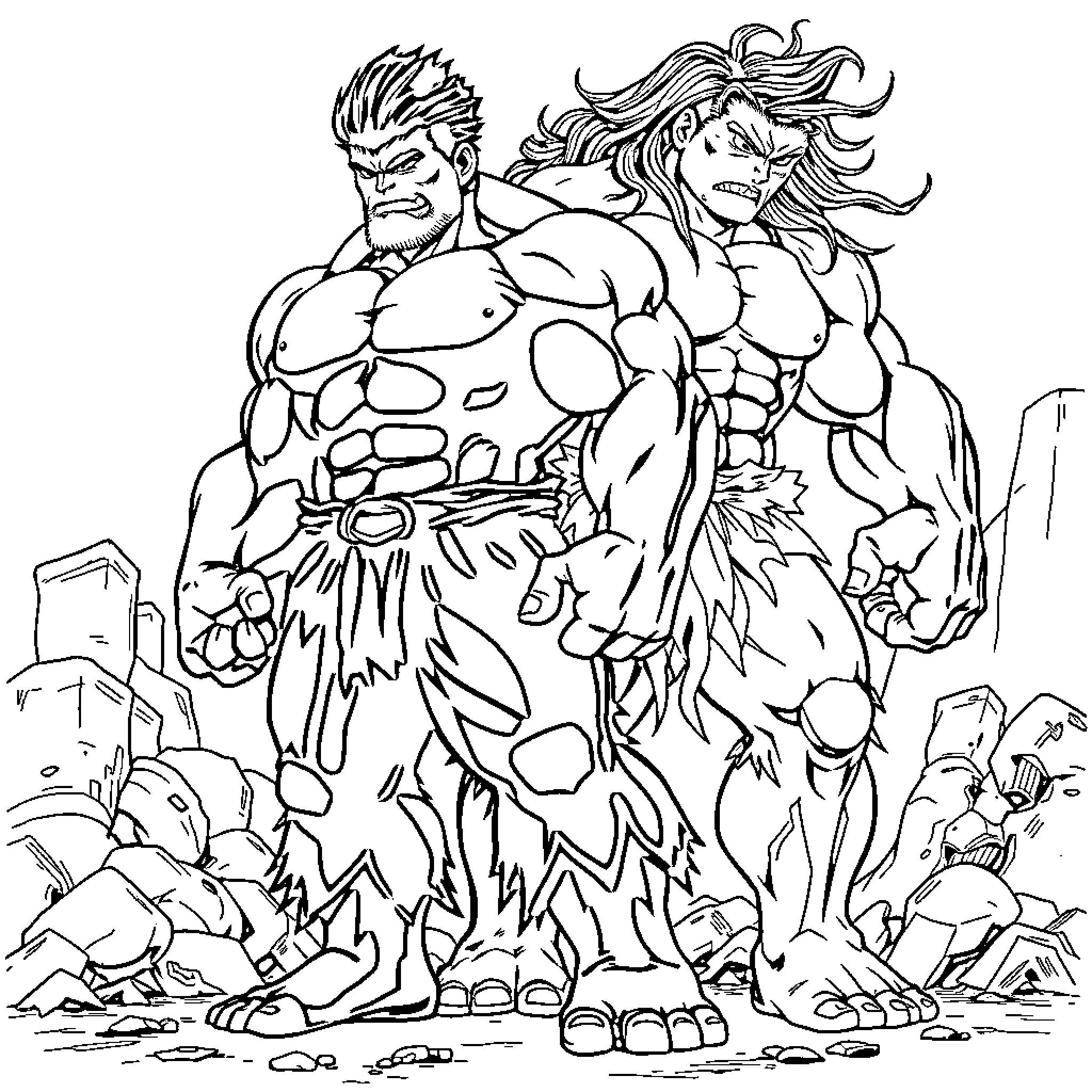 Sangoku warriors facing off in a fierce battle Coloring Page (free black-and-white line drawing printable PDF for all, from beginners to advanced learners, including children, teens, adults, and seniors)