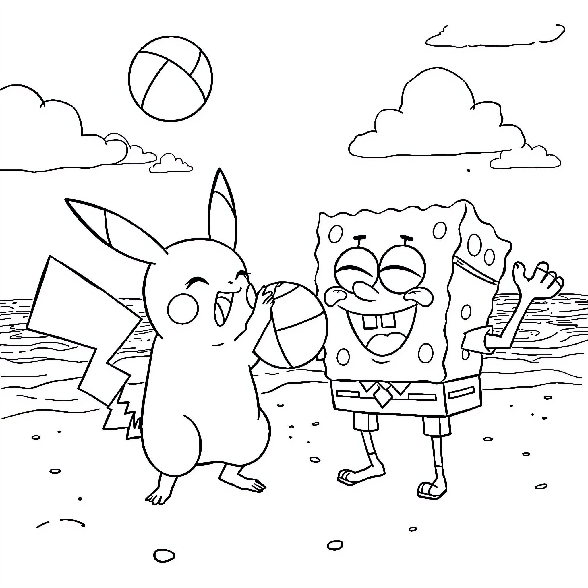 Pikachu and SpongeBob playing together at the beach Coloring Page (free black-and-white line drawing printable PDF for all, from beginners to advanced learners, including children, teens, adults, and seniors)