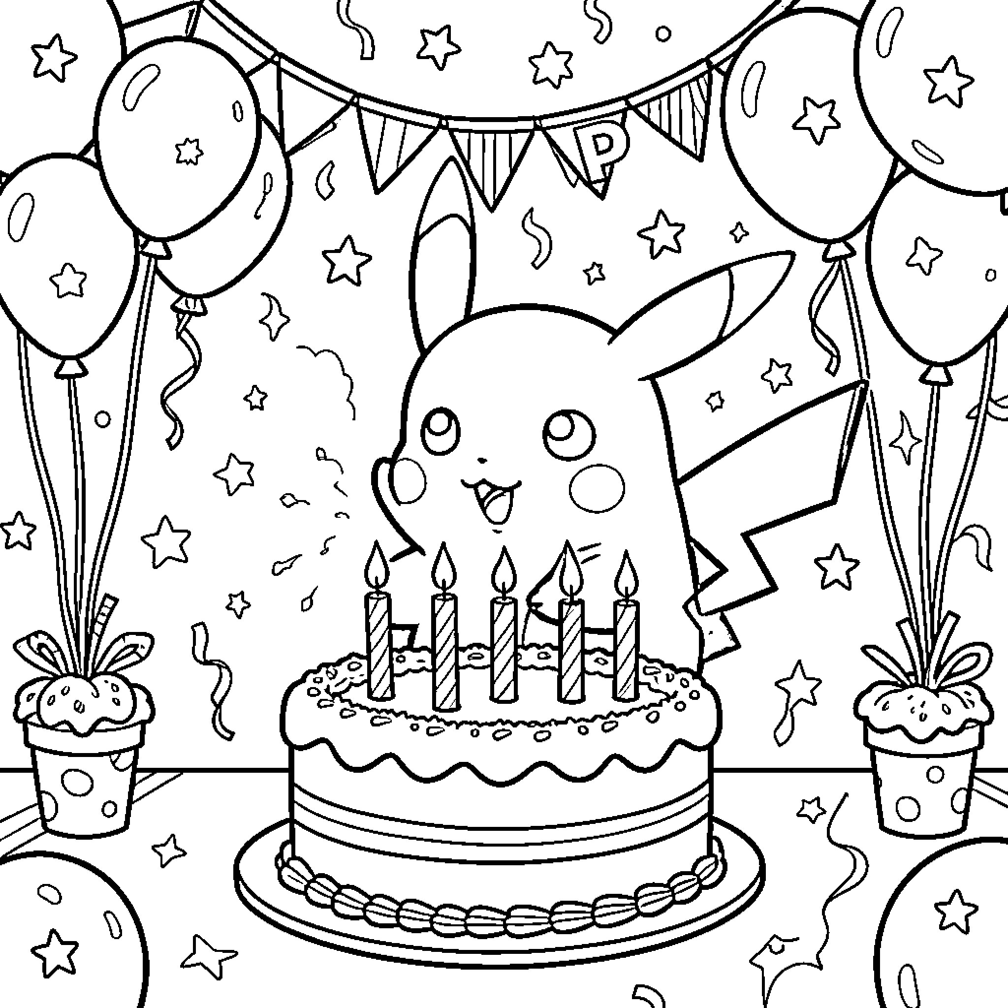 Pikachu celebrating a birthday with a cake and balloons Coloring Page (free black-and-white line drawing printable PDF for all, from beginners to advanced learners, including children, teens, adults, and seniors)