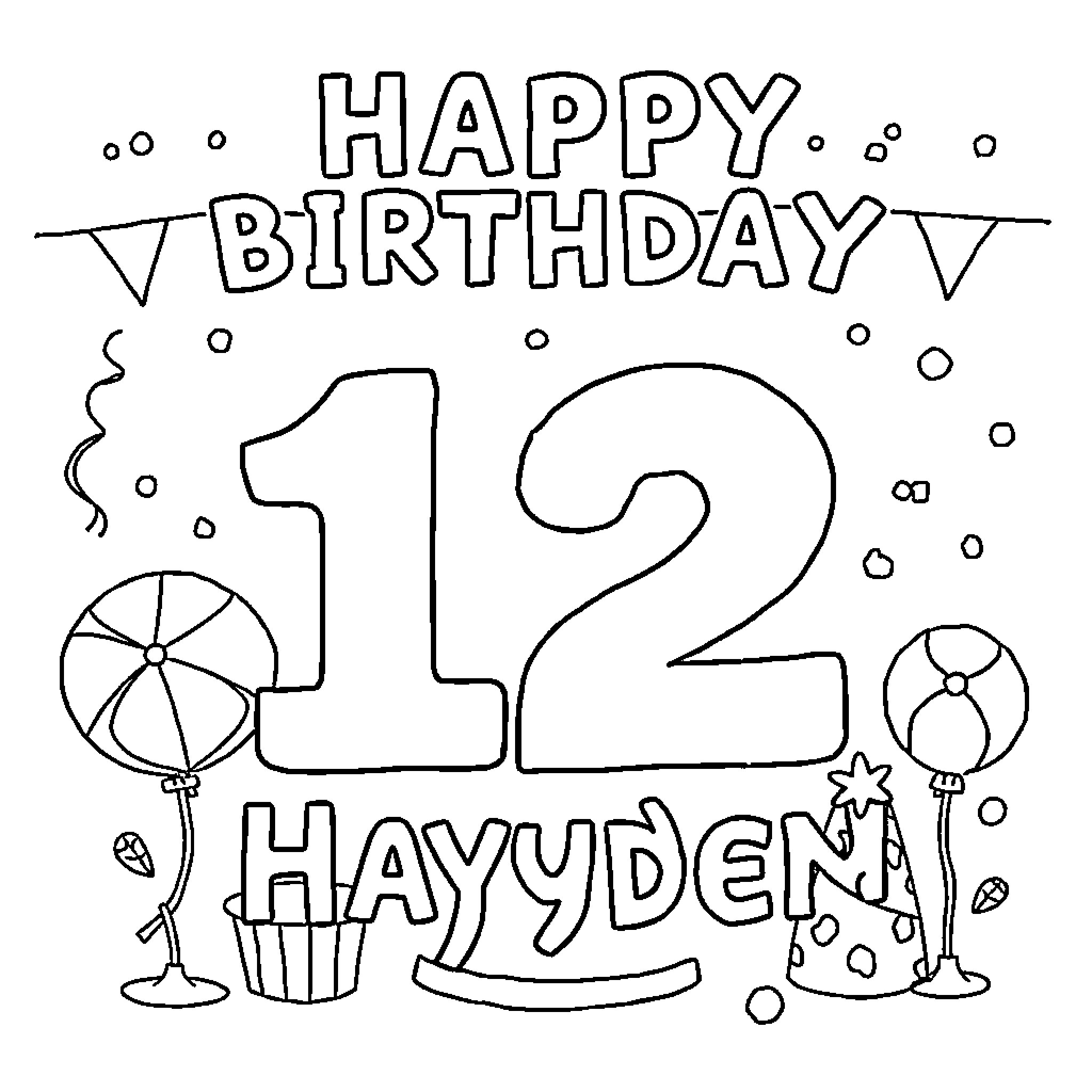 Birthday Celebration with Balloons, Cupcakes, and Party Hat Coloring Page (free black-and-white line drawing printable PDF for all, from beginners to advanced learners, including children, teens, adults, and seniors)