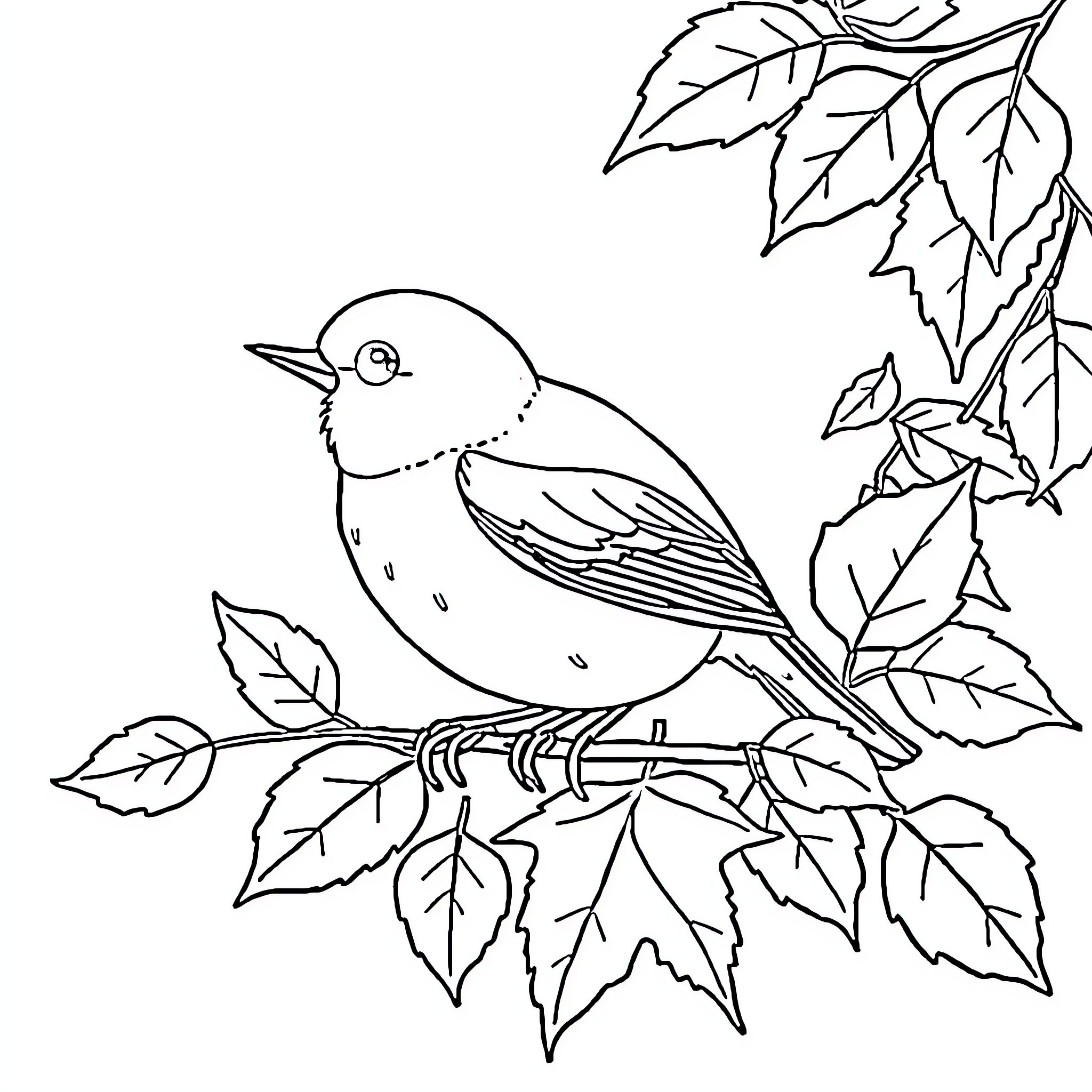 Pumpkin bird perching on autumn leaves Coloring Page (free black-and-white line drawing printable PDF for all, from beginners to advanced learners, including children, teens, adults, and seniors)