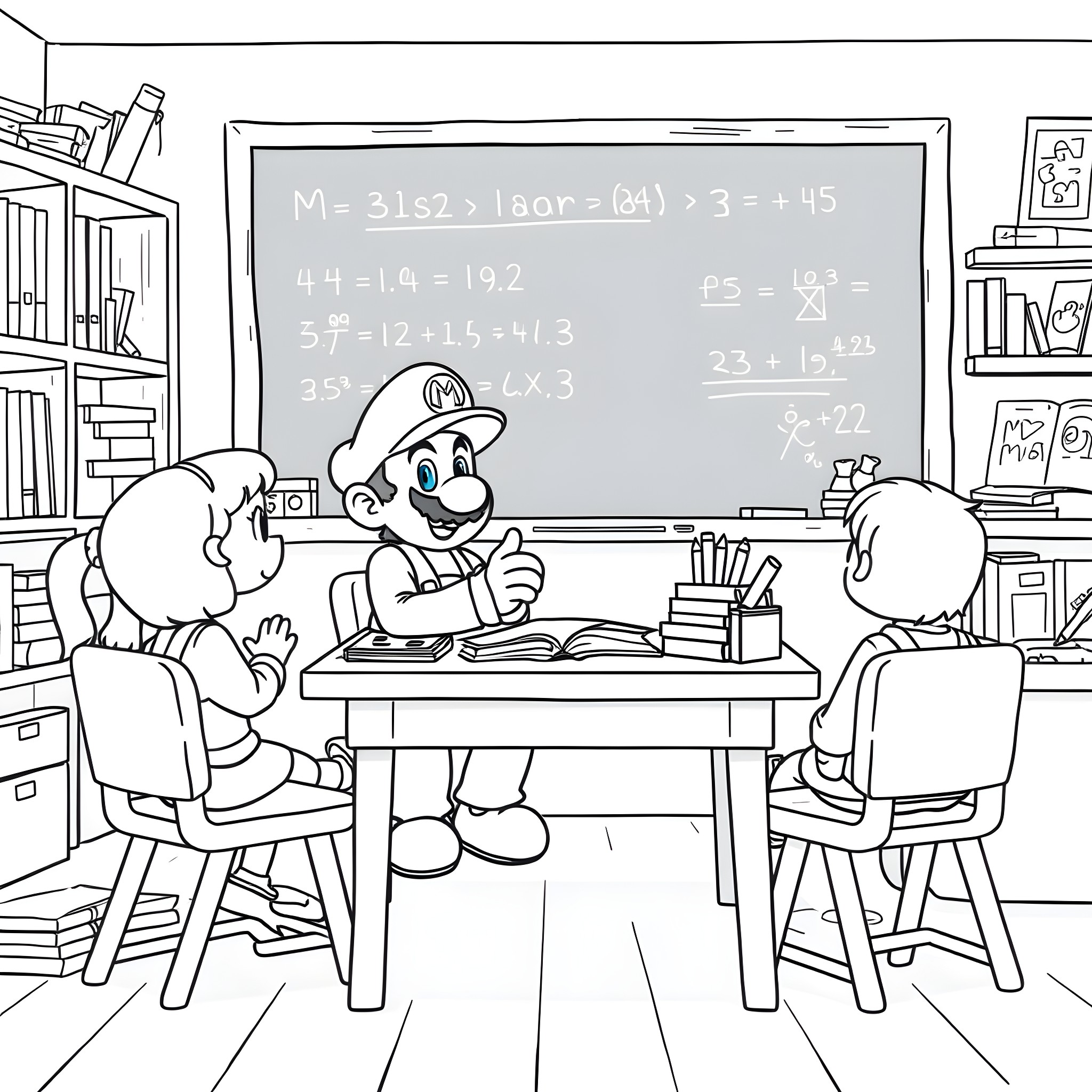 Super Mario Solving Math Problems in Classroom Coloring Page (free black-and-white line drawing printable PDF for all, from beginners to advanced learners, including children, teens, adults, and seniors)
