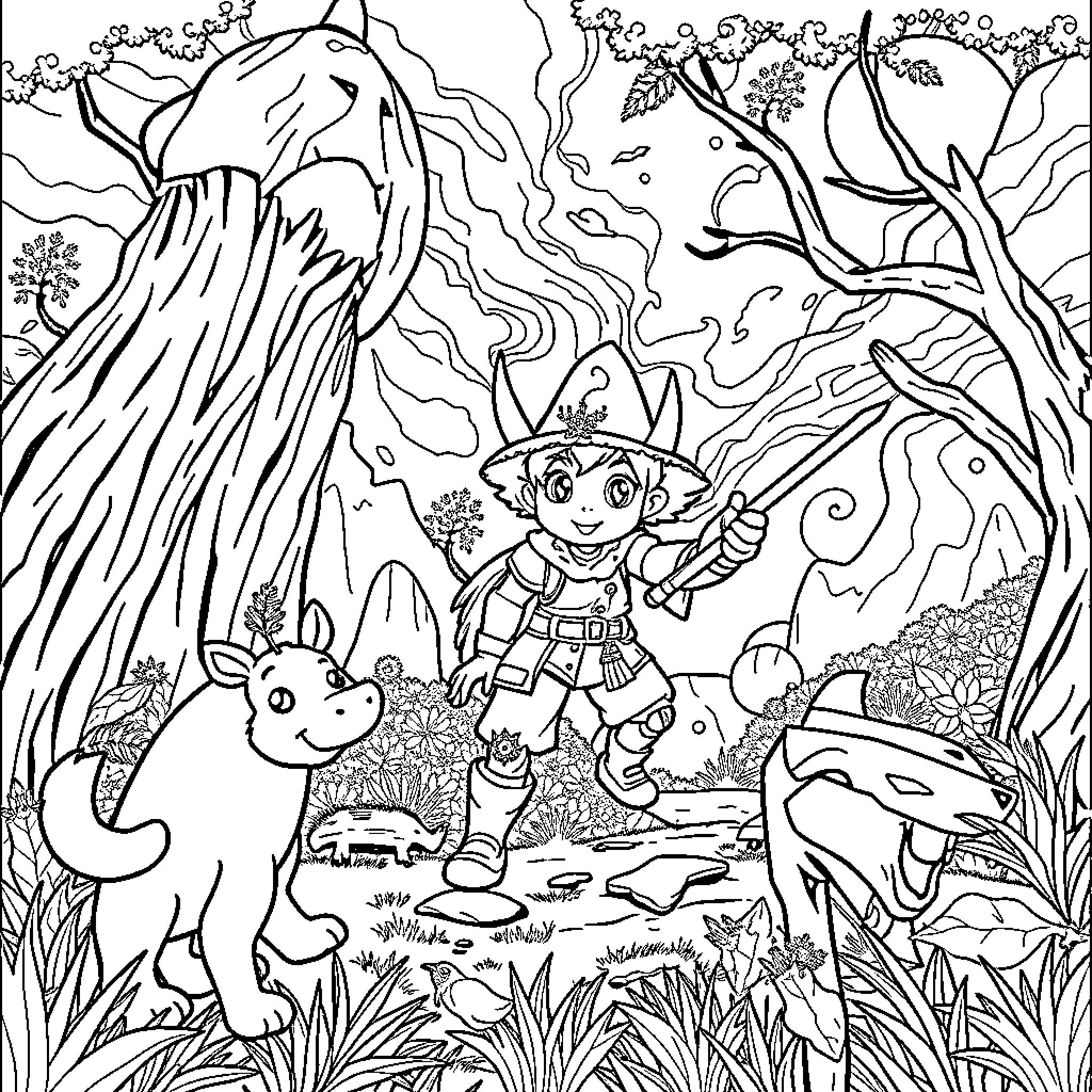 Huntrix's Whimsical Forest Adventure Coloring Page (free black-and-white line drawing printable PDF for all, from beginners to advanced learners, including children, teens, adults, and seniors)