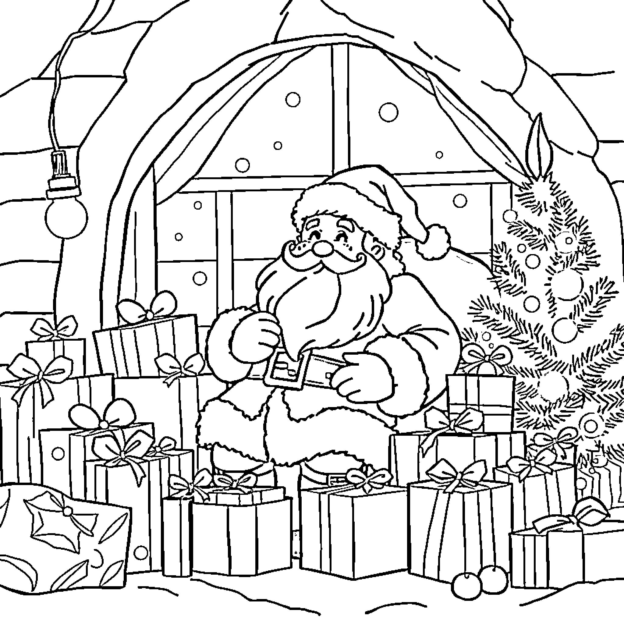 Santa Claus delivering presents on Christmas night Coloring Page (free black-and-white line drawing printable PDF for all, from beginners to advanced learners, including children, teens, adults, and seniors)
