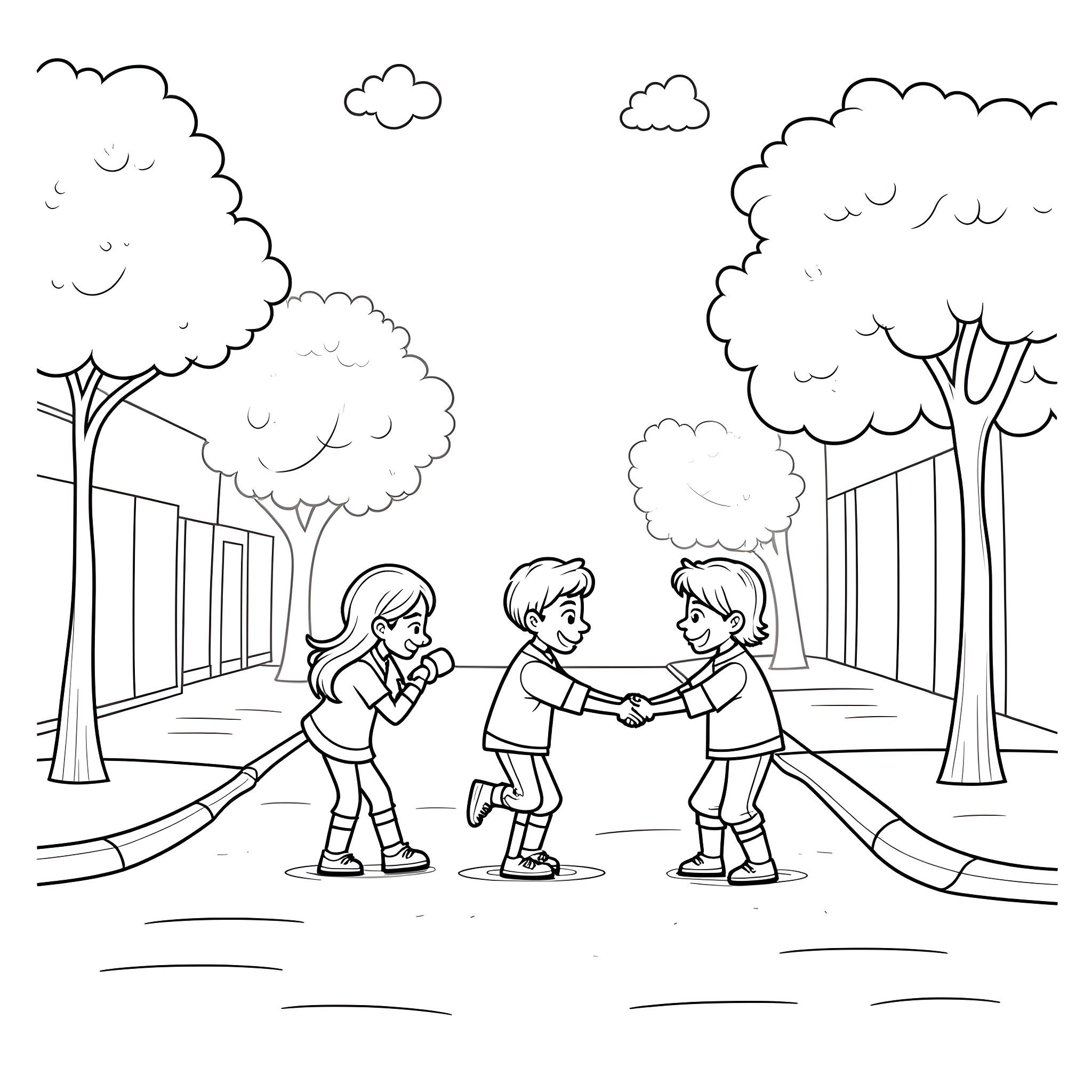 Kid playing together in the park Coloring Page (free black-and-white line drawing printable PDF for all, from beginners to advanced learners, including children, teens, adults, and seniors)