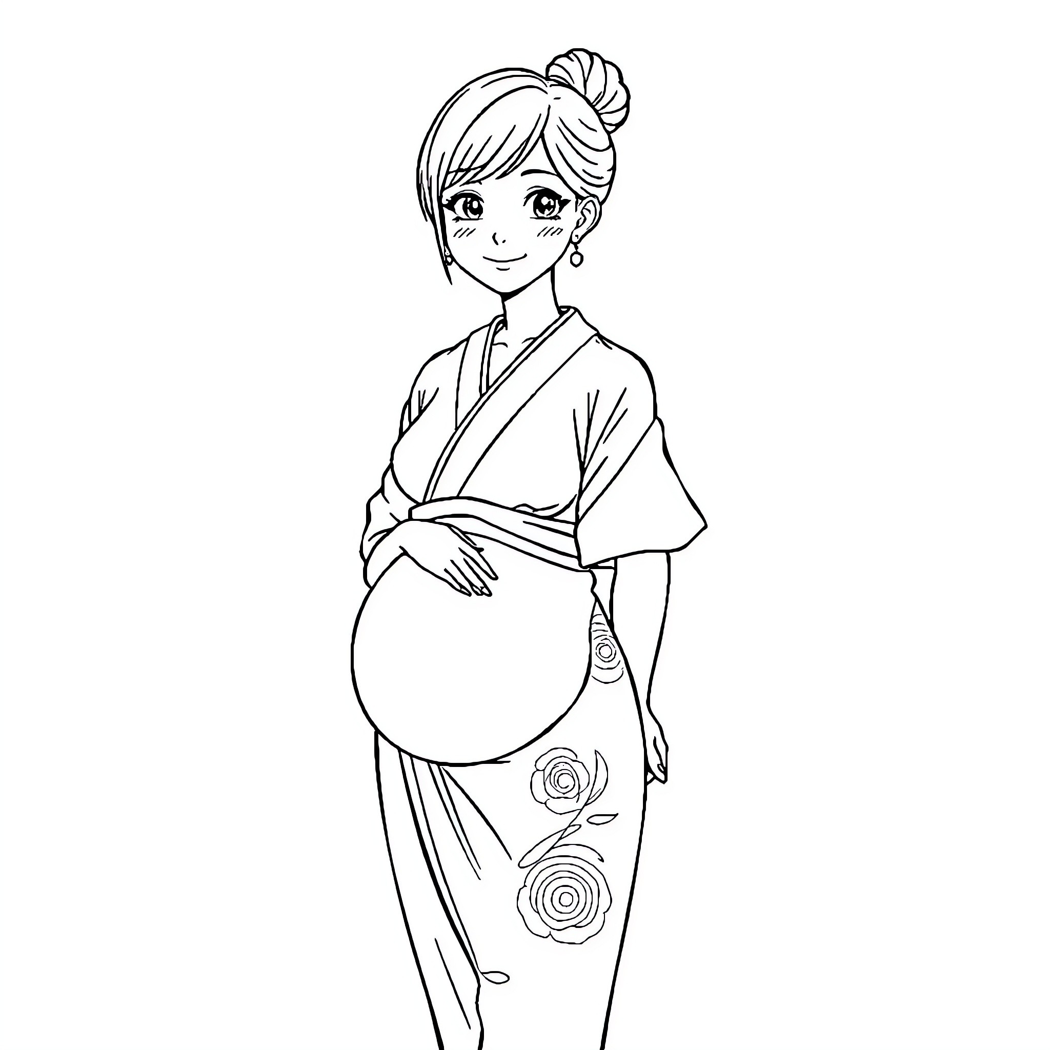 Woman in Kimono Smiling and Pregnant Coloring Page (free black-and-white line drawing printable PDF for all, from beginners to advanced learners, including children, teens, adults, and seniors)