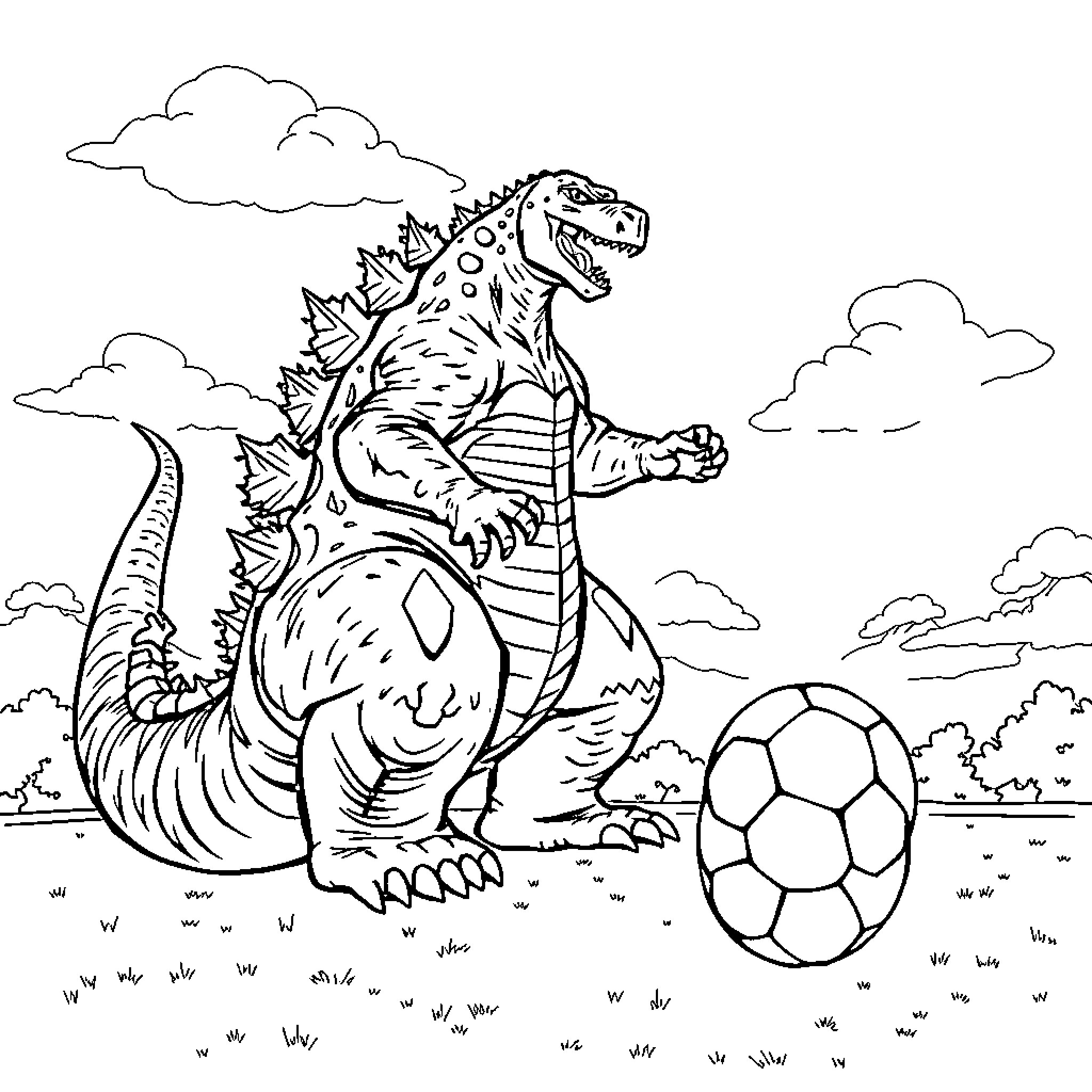 Godzilla playing with soccer ball in countryside Coloring Page (free black-and-white line drawing printable PDF for all, from beginners to advanced learners, including children, teens, adults, and seniors)