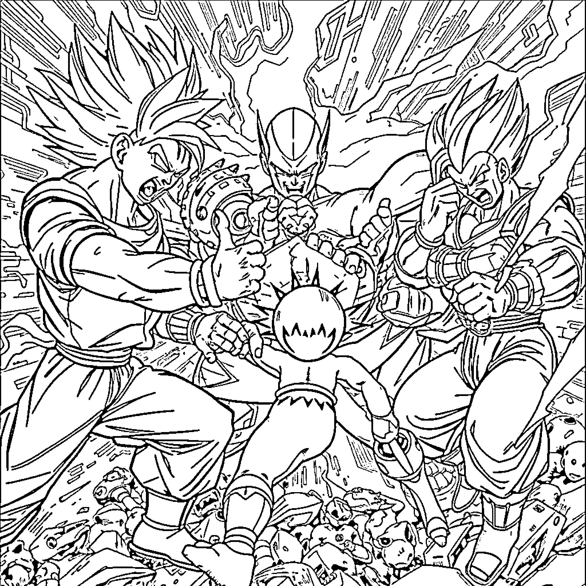 Dragon Ball Characters in an Epic Battle Scene Coloring Page (free black-and-white line drawing printable PDF for all, from beginners to advanced learners, including children, teens, adults, and seniors)