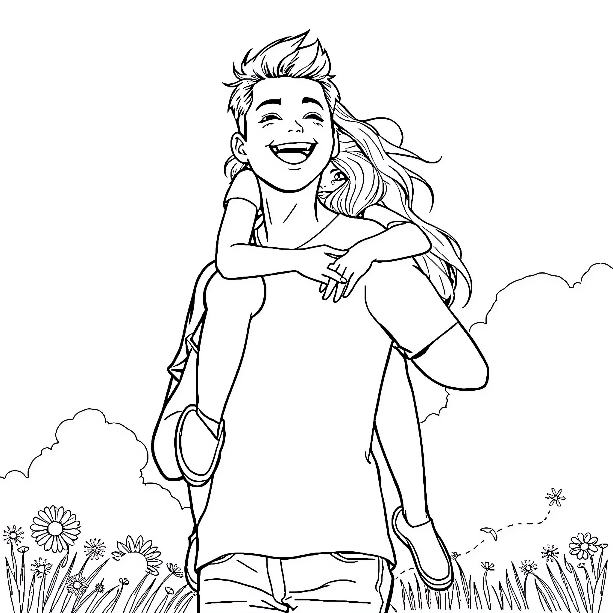 Guy laughing joyfully in a field of flowers Coloring Page (free black-and-white line drawing printable PDF for all, from beginners to advanced learners, including children, teens, adults, and seniors)