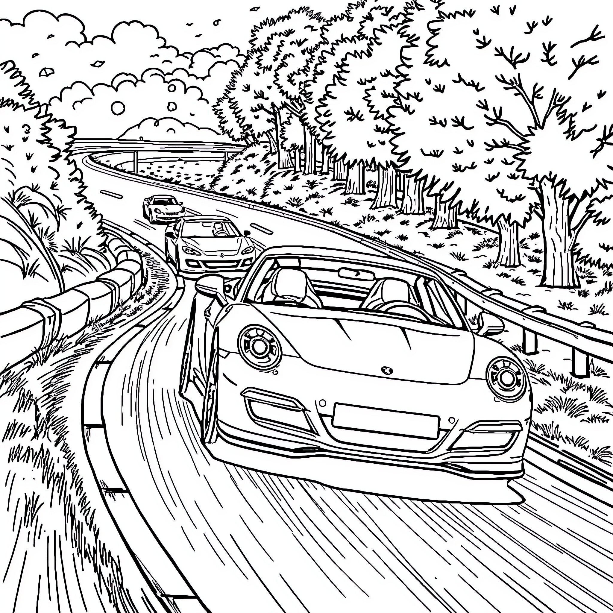 Car speeding on a winding road through nature Coloring Page (free black-and-white line drawing printable PDF for all, from beginners to advanced learners, including children, teens, adults, and seniors)