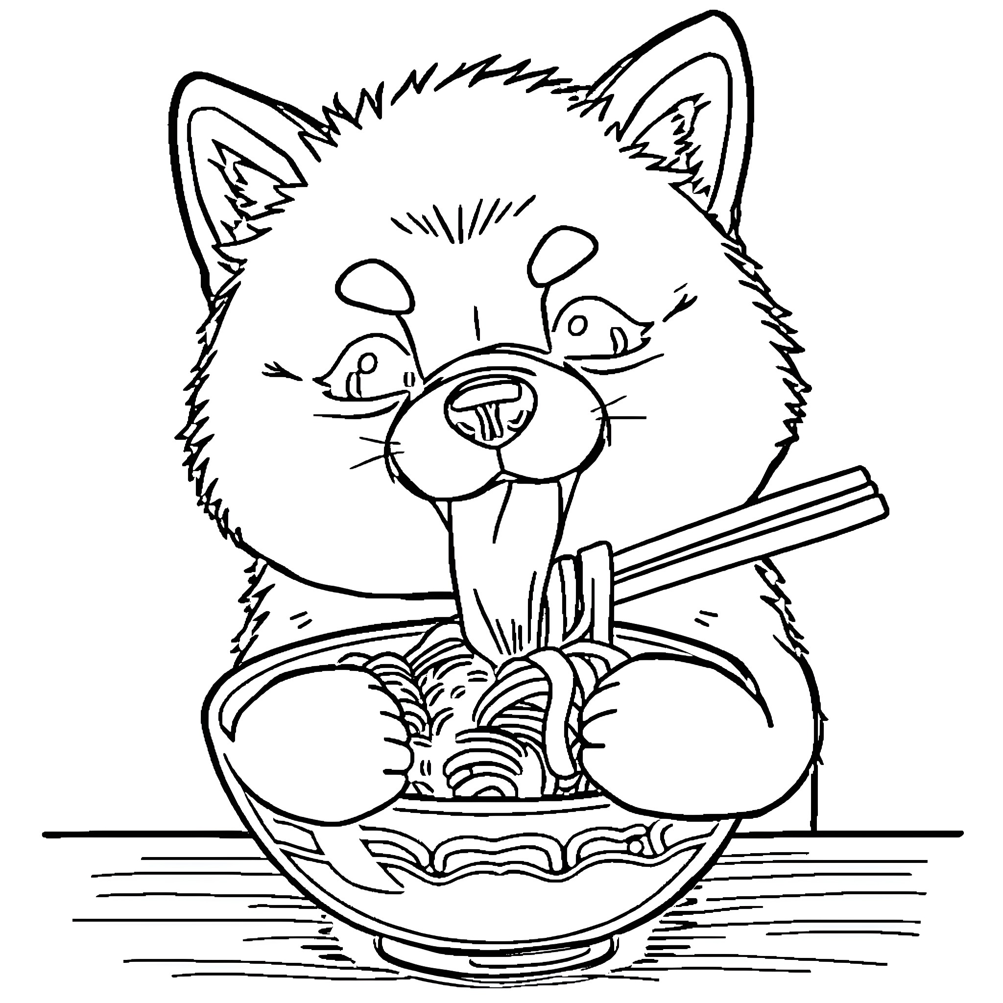 Shiba Inu enjoying a bowl of noodles Coloring Page (free black-and-white line drawing printable PDF for all, from beginners to advanced learners, including children, teens, adults, and seniors)