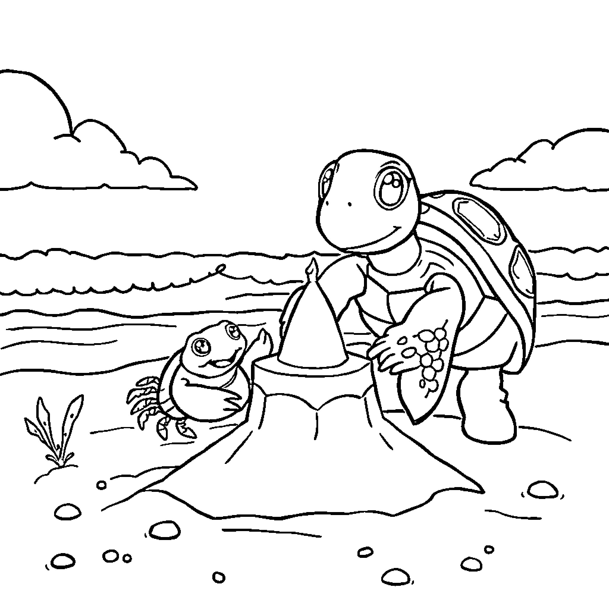 Crab friends enjoying the beach Coloring Page (free black-and-white line drawing printable PDF for all, from beginners to advanced learners, including children, teens, adults, and seniors)