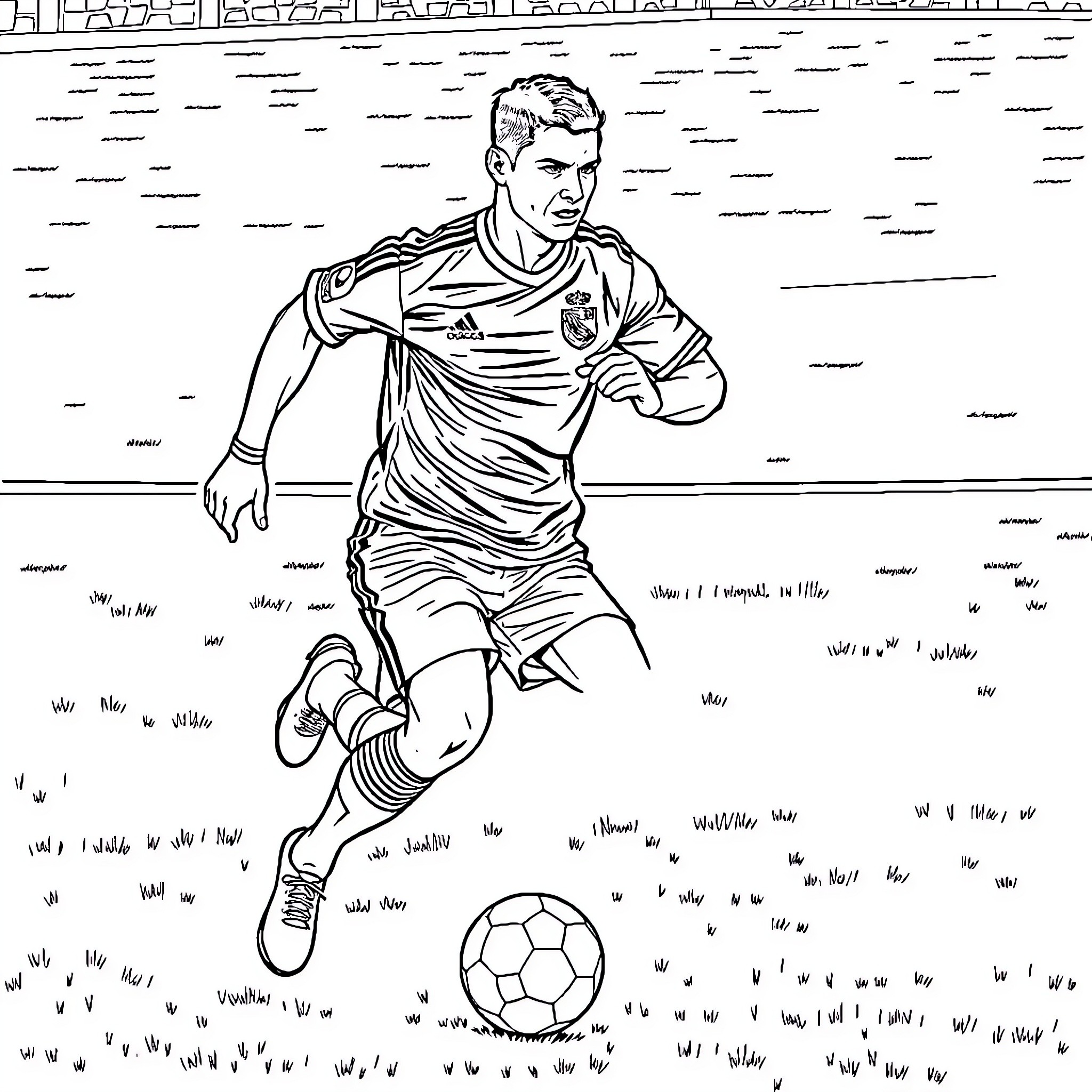 Ronaldo running with soccer ball on the field Coloring Page (free black-and-white line drawing printable PDF for all, from beginners to advanced learners, including children, teens, adults, and seniors)