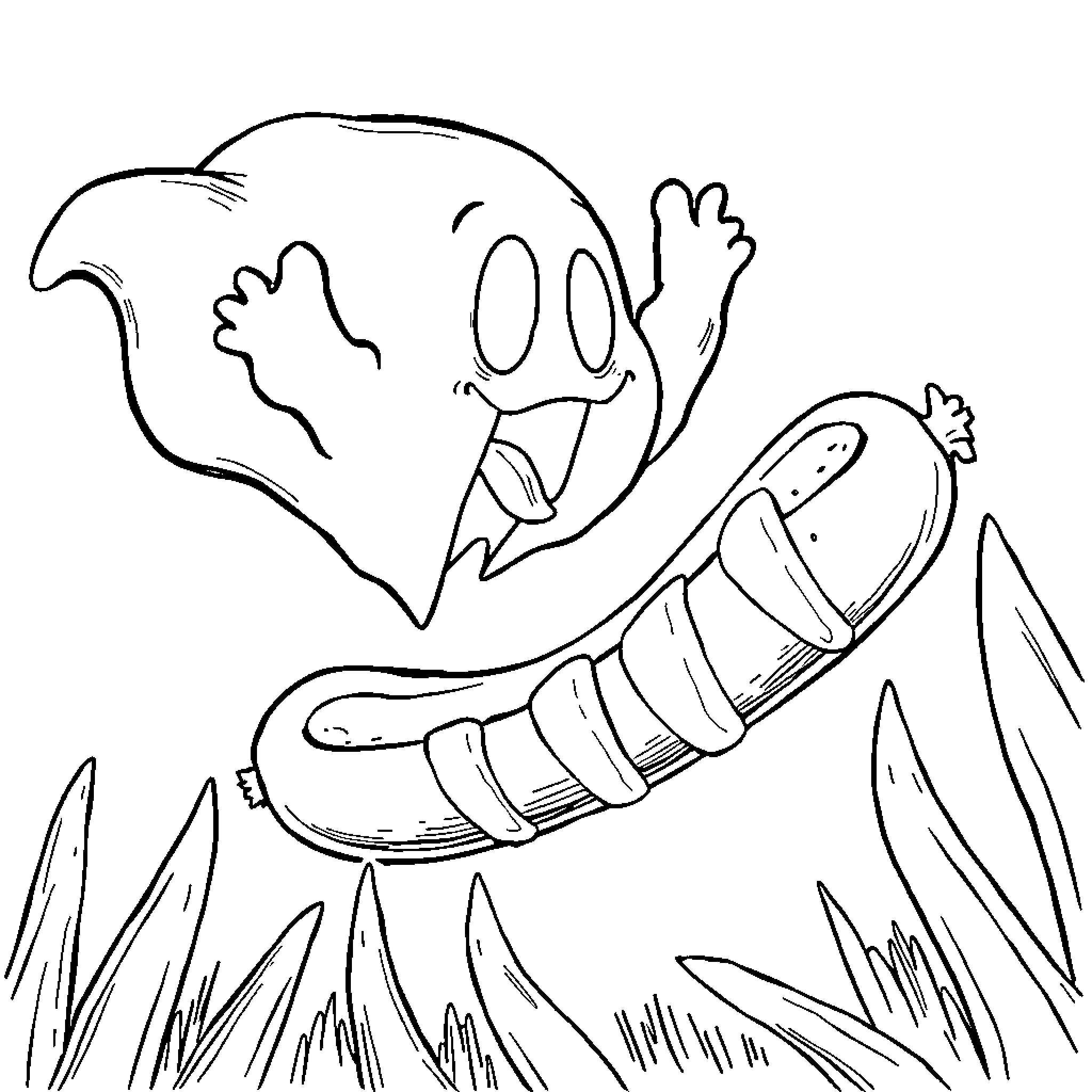 Ghost eagerly chasing a sausage in the grass Coloring Page (free black-and-white line drawing printable PDF for all, from beginners to advanced learners, including children, teens, adults, and seniors)
