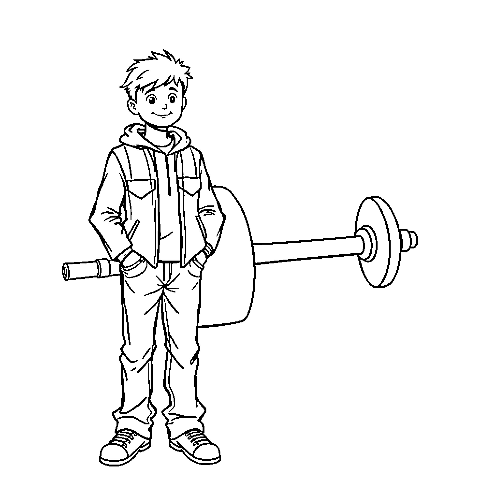 Axel's Workout with Exercise Equipment Coloring Page (free black-and-white line drawing printable PDF for all, from beginners to advanced learners, including children, teens, adults, and seniors)