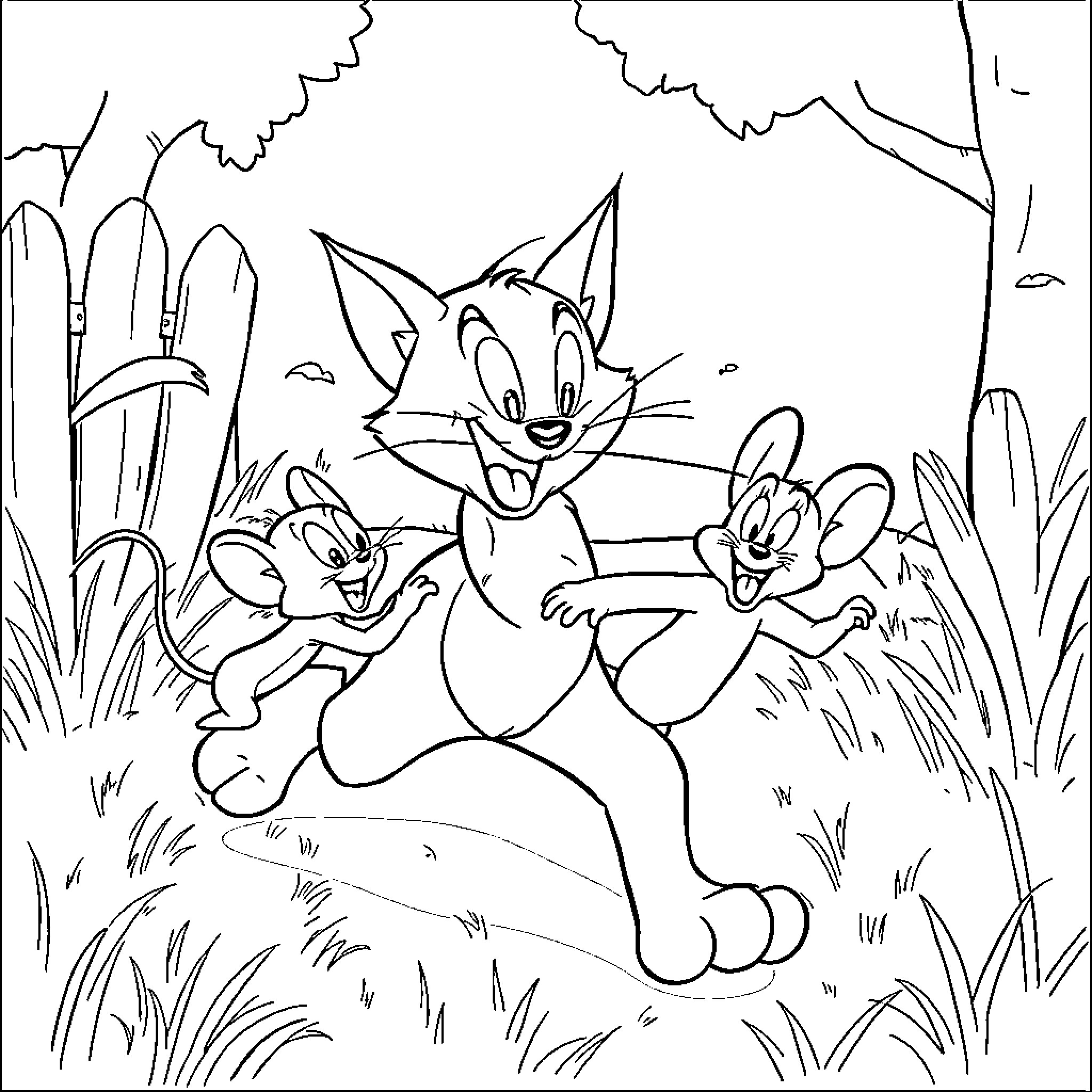 Tom and friends have a playful adventure in the forest Coloring Page (free black-and-white line drawing printable PDF for all, from beginners to advanced learners, including children, teens, adults, and seniors)
