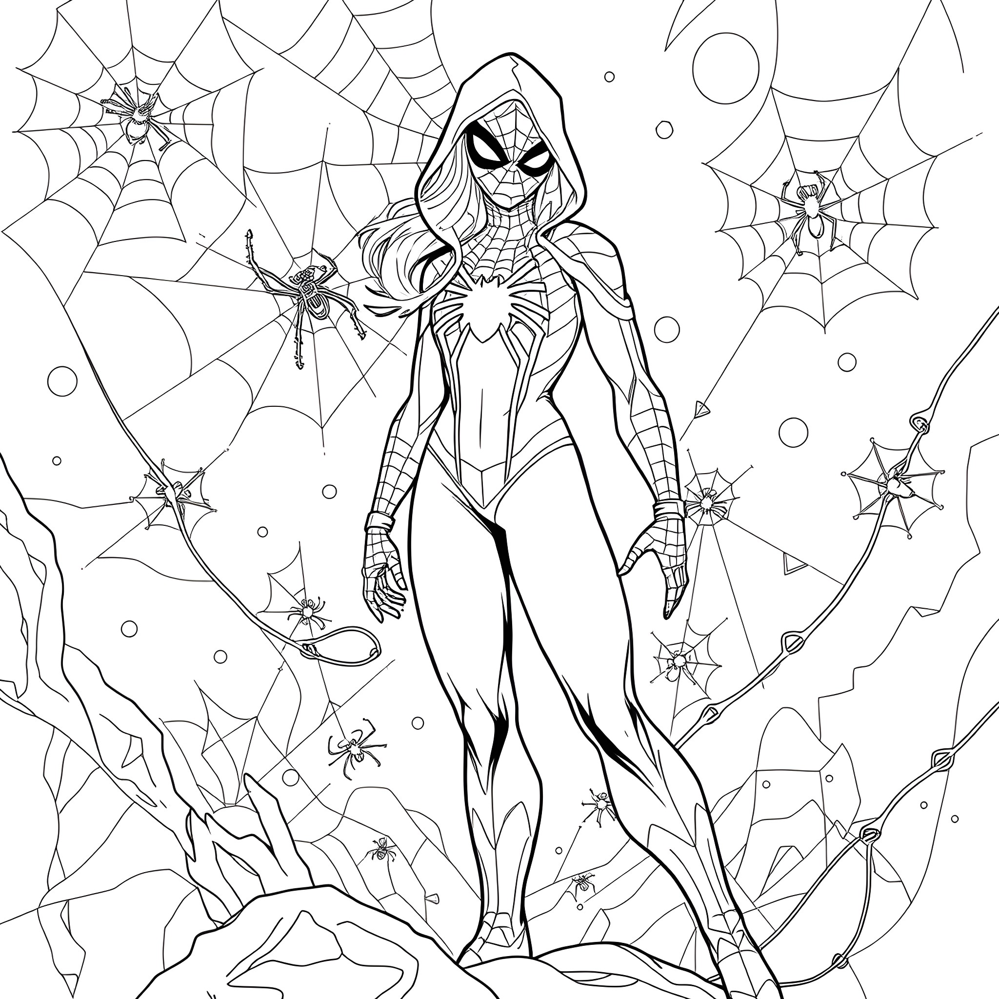 Spider Gwen in action-packed scene Coloring Page (free black-and-white line drawing printable PDF for all, from beginners to advanced learners, including children, teens, adults, and seniors)