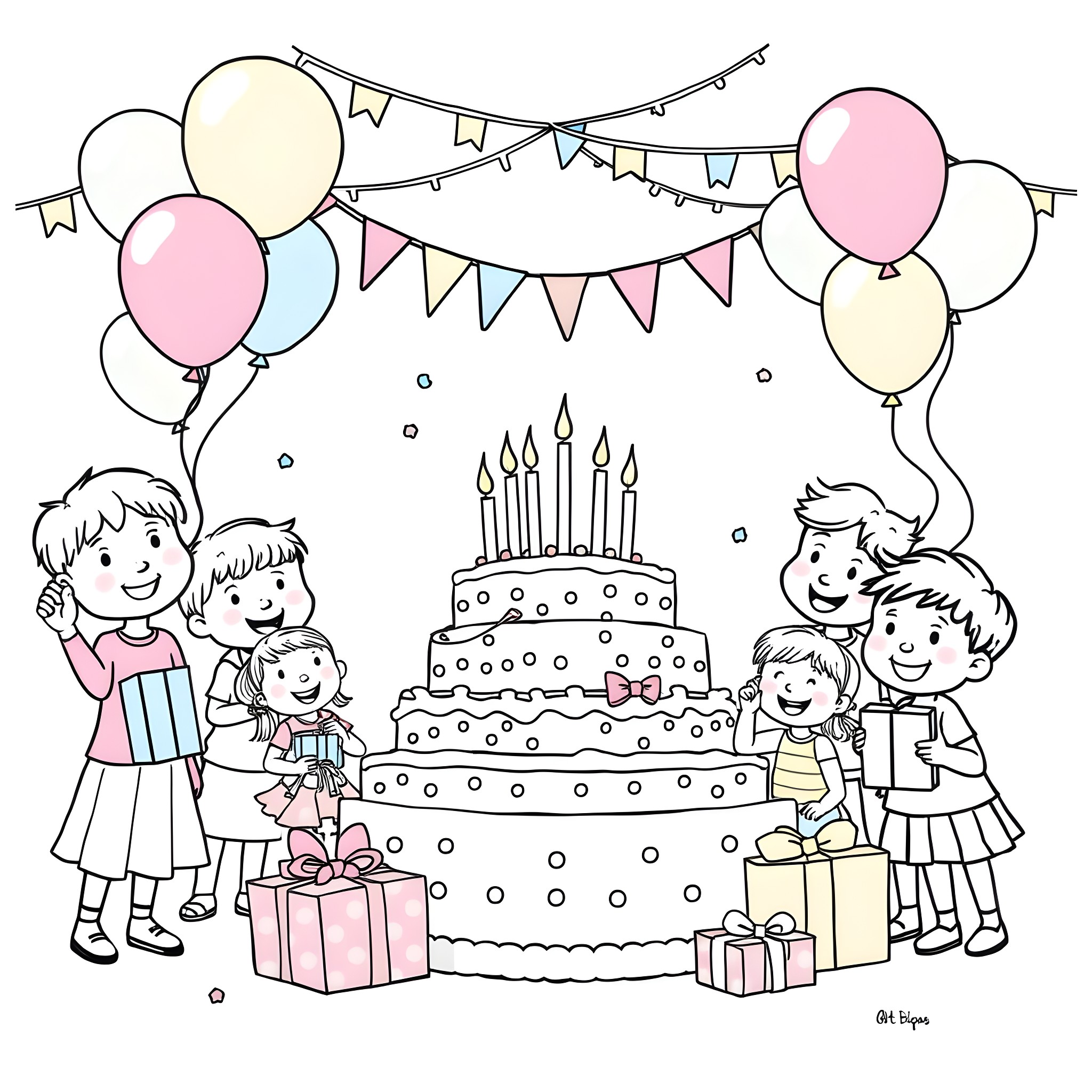 Birthday party celebration with children and cake Coloring Page (free black-and-white line drawing printable PDF for all, from beginners to advanced learners, including children, teens, adults, and seniors)