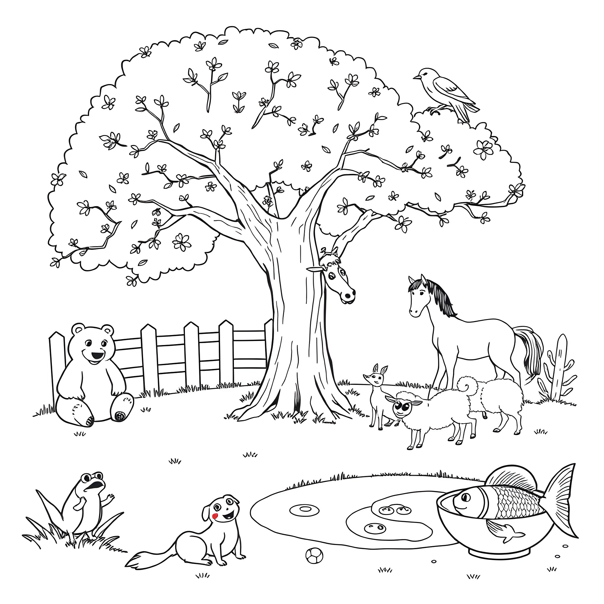 Animal friends in a serene nature scene Coloring Page (free black-and-white line drawing printable PDF for all, from beginners to advanced learners, including children, teens, adults, and seniors)