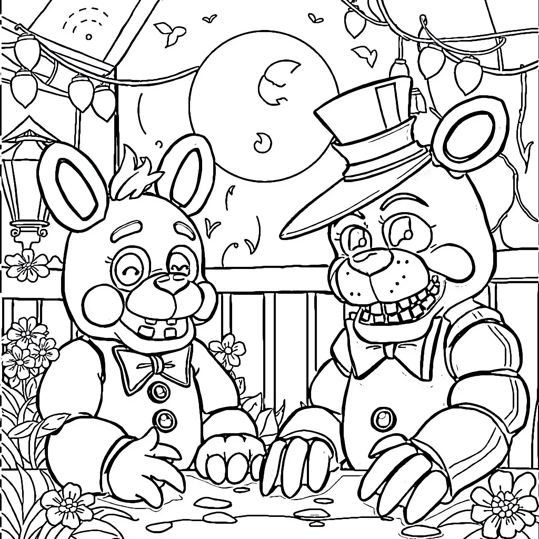 Dandy animal friends celebrate colorful party Coloring Page (free black-and-white line drawing printable PDF for all, from beginners to advanced learners, including children, teens, adults, and seniors)