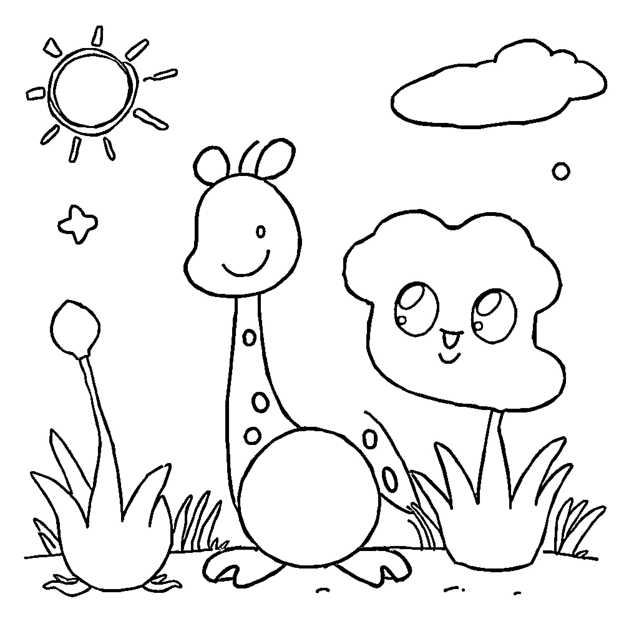 Drawing of a happy giraffe and cloud in nature Coloring Page (free black-and-white line drawing printable PDF for all, from beginners to advanced learners, including children, teens, adults, and seniors)