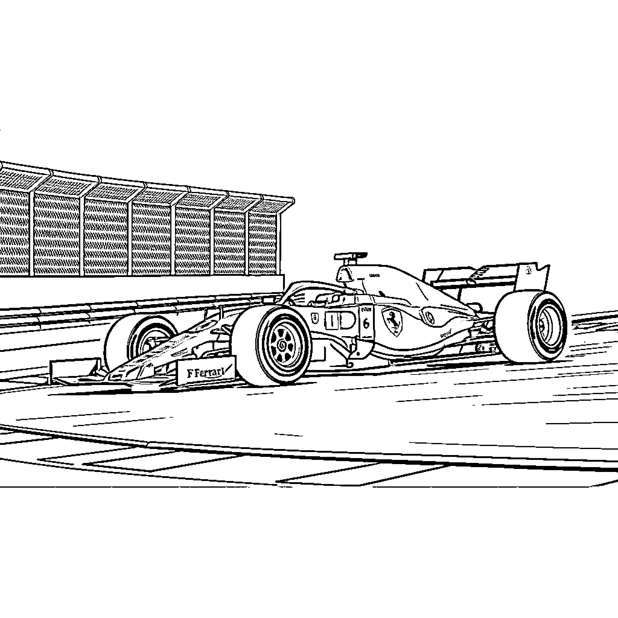 Ferrari Formula One Racing Car on Track Coloring Page (free black-and-white line drawing printable PDF for all, from beginners to advanced learners, including children, teens, adults, and seniors)
