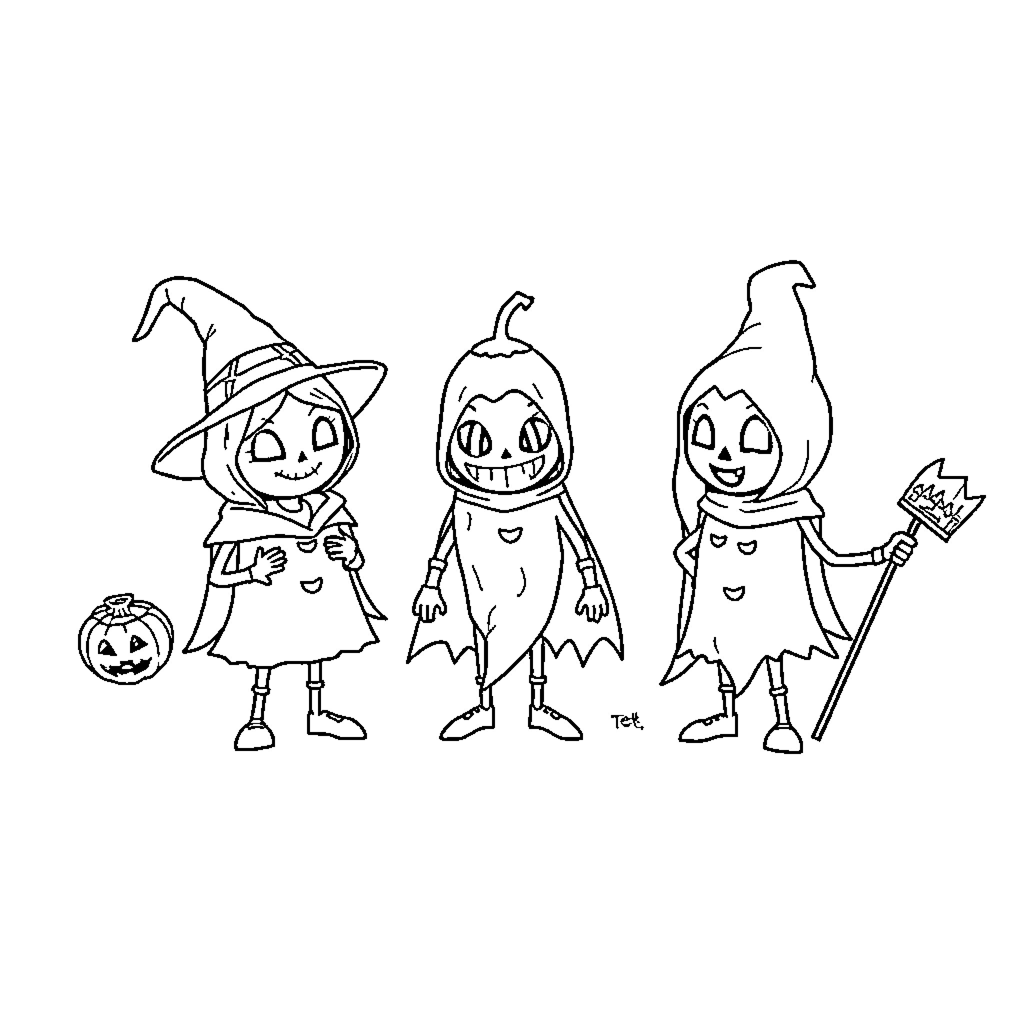 Halloween Character Costumes and Trick-or-Treating Coloring Page (free black-and-white line drawing printable PDF for all, from beginners to advanced learners, including children, teens, adults, and seniors)