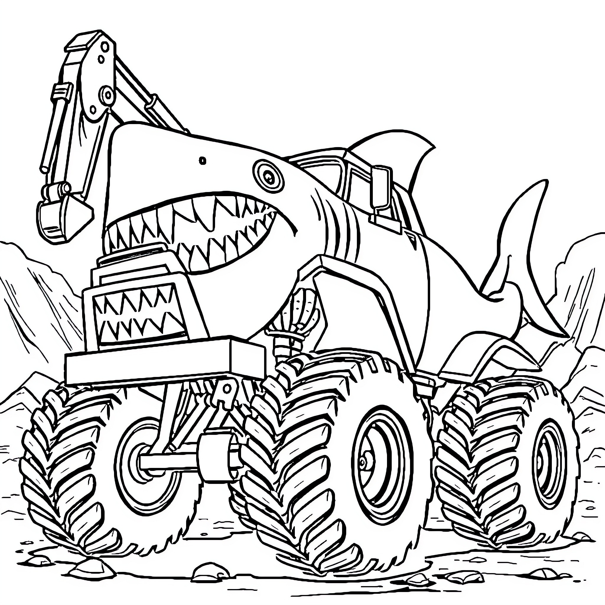Monster Truck Devouring a Landscape Coloring Page (free black-and-white line drawing printable PDF for all, from beginners to advanced learners, including children, teens, adults, and seniors)