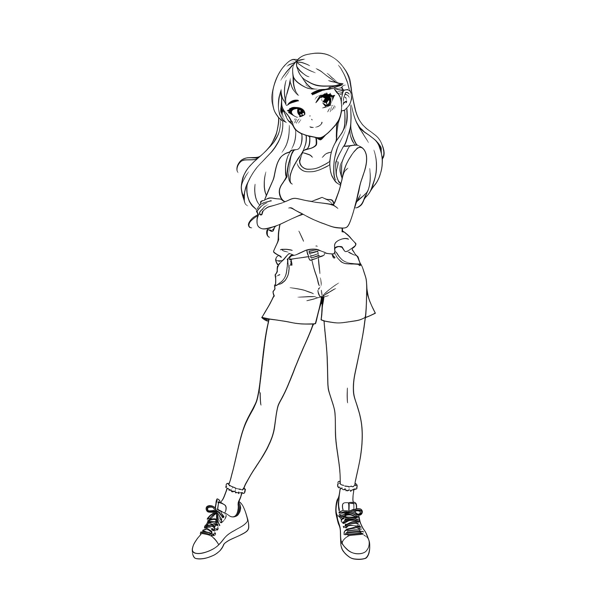 Girl in casual outfit standing with crossed arms Coloring Page (free black-and-white line drawing printable PDF for all, from beginners to advanced learners, including children, teens, adults, and seniors)