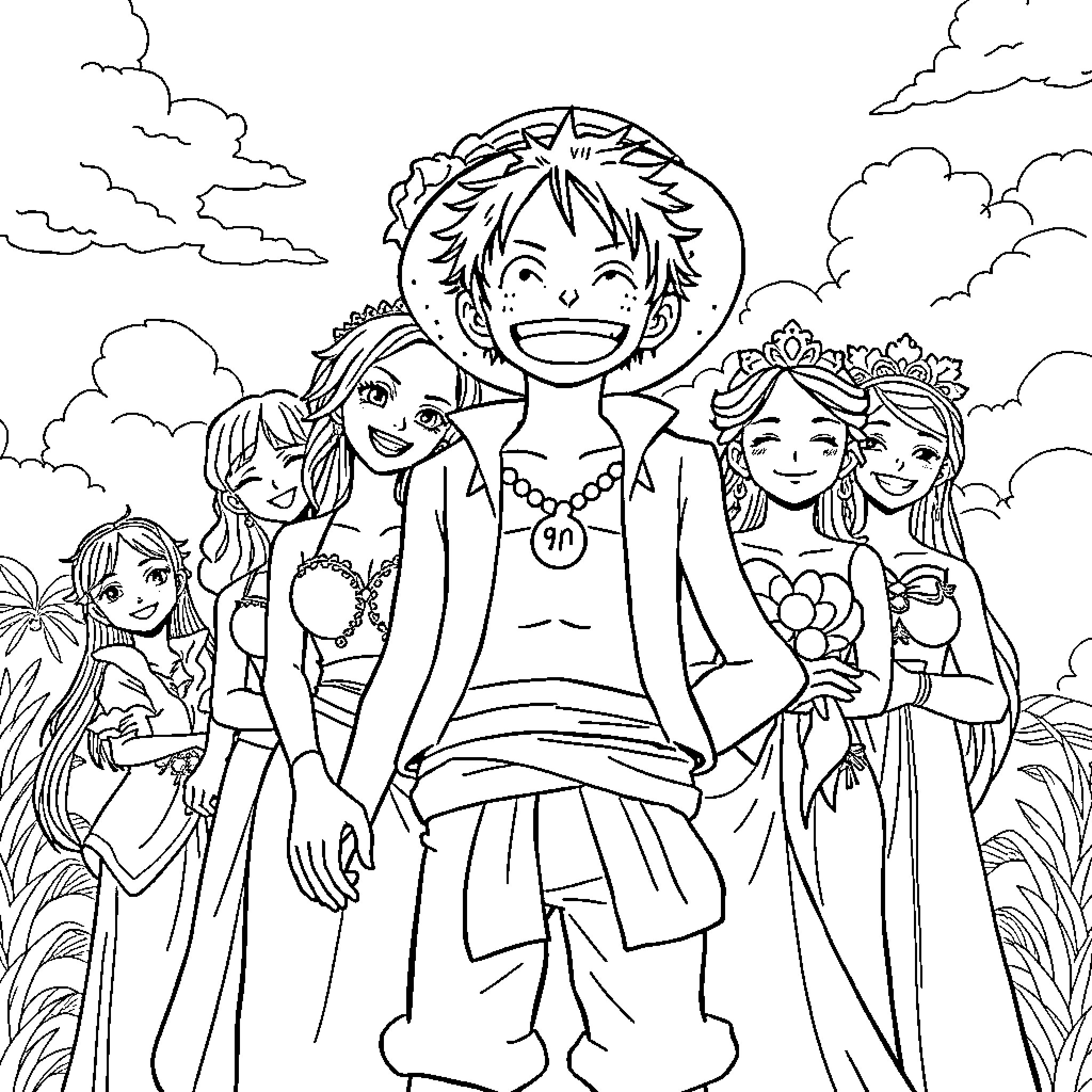 Monkey D Luffy surrounded by friends in a vibrant scene Coloring Page (free black-and-white line drawing printable PDF for all, from beginners to advanced learners, including children, teens, adults, and seniors)