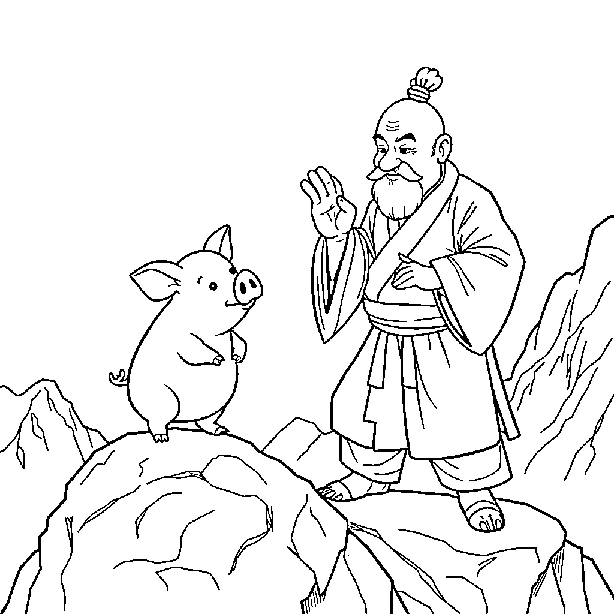 Pig and Scholar Engaging in Conversation on Rocky Terrain Coloring Page (free black-and-white line drawing printable PDF for all, from beginners to advanced learners, including children, teens, adults, and seniors)