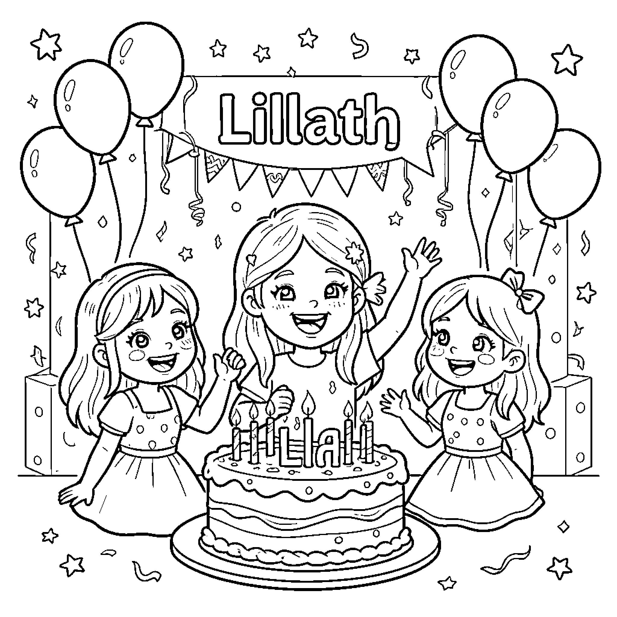 Birthday girls celebrating with cake and balloons Coloring Page (free black-and-white line drawing printable PDF for all, from beginners to advanced learners, including children, teens, adults, and seniors)